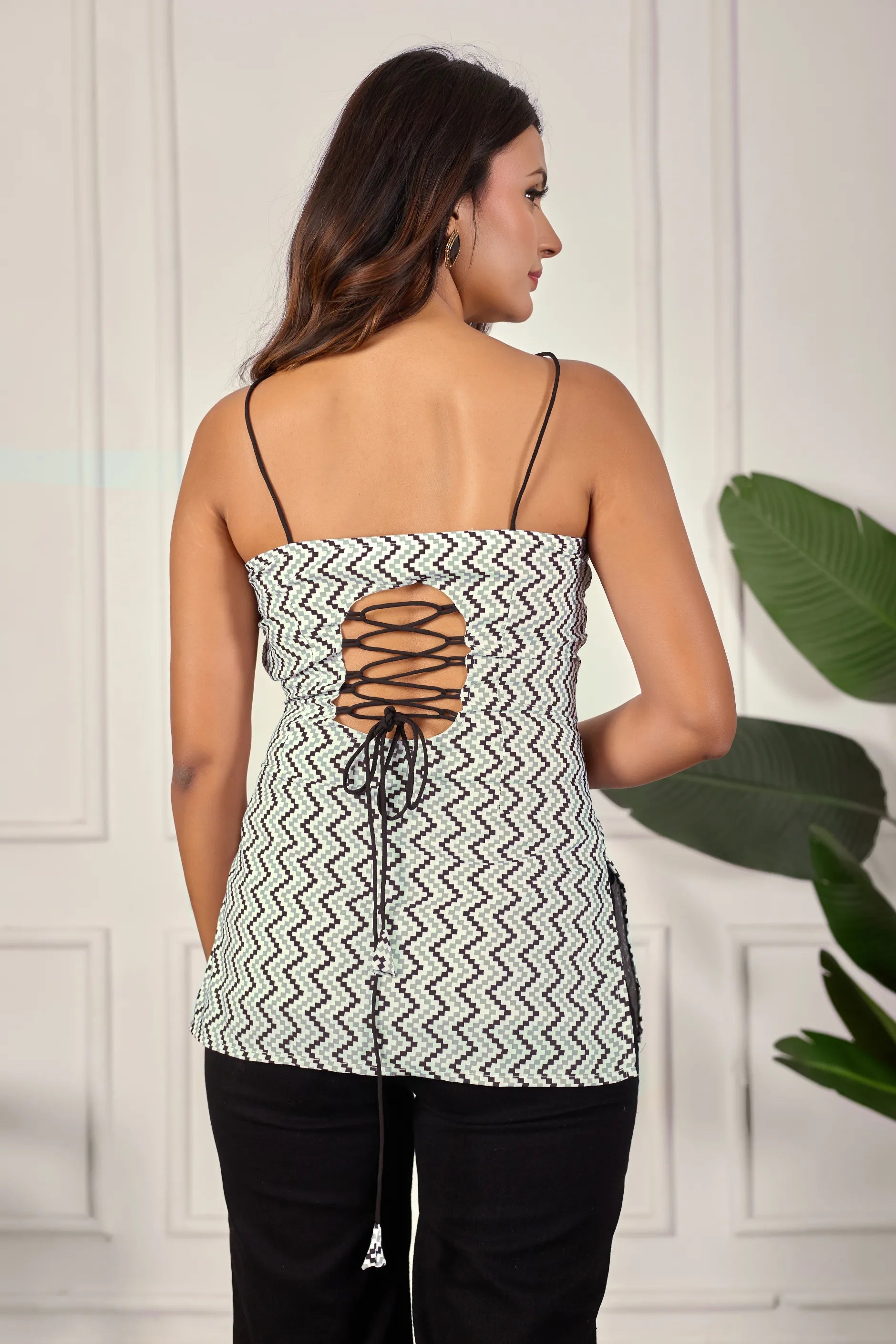 Adaah Cotton Back Lace-Up Halter Neck Top for Women | Block Print, Padded, Adjustable Fit