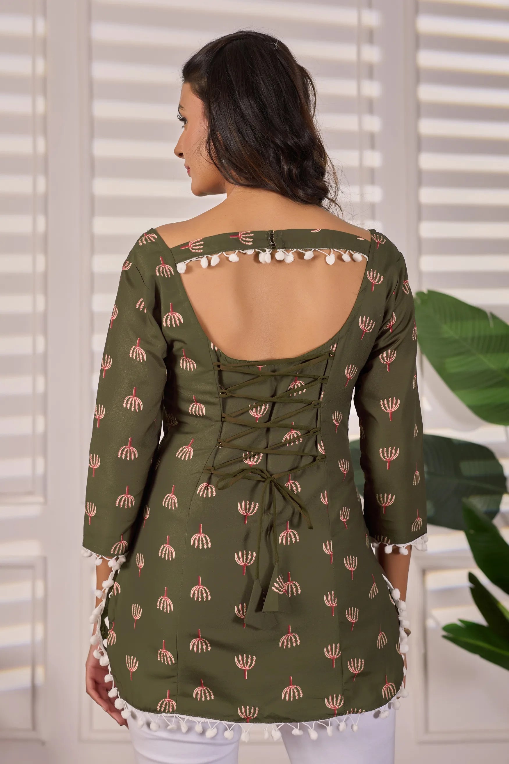 Aarzoo Olive Green Cotton Kurti for Women | Pom-Pom Detailing, Corset Back Tie-Up, Padded & Lined