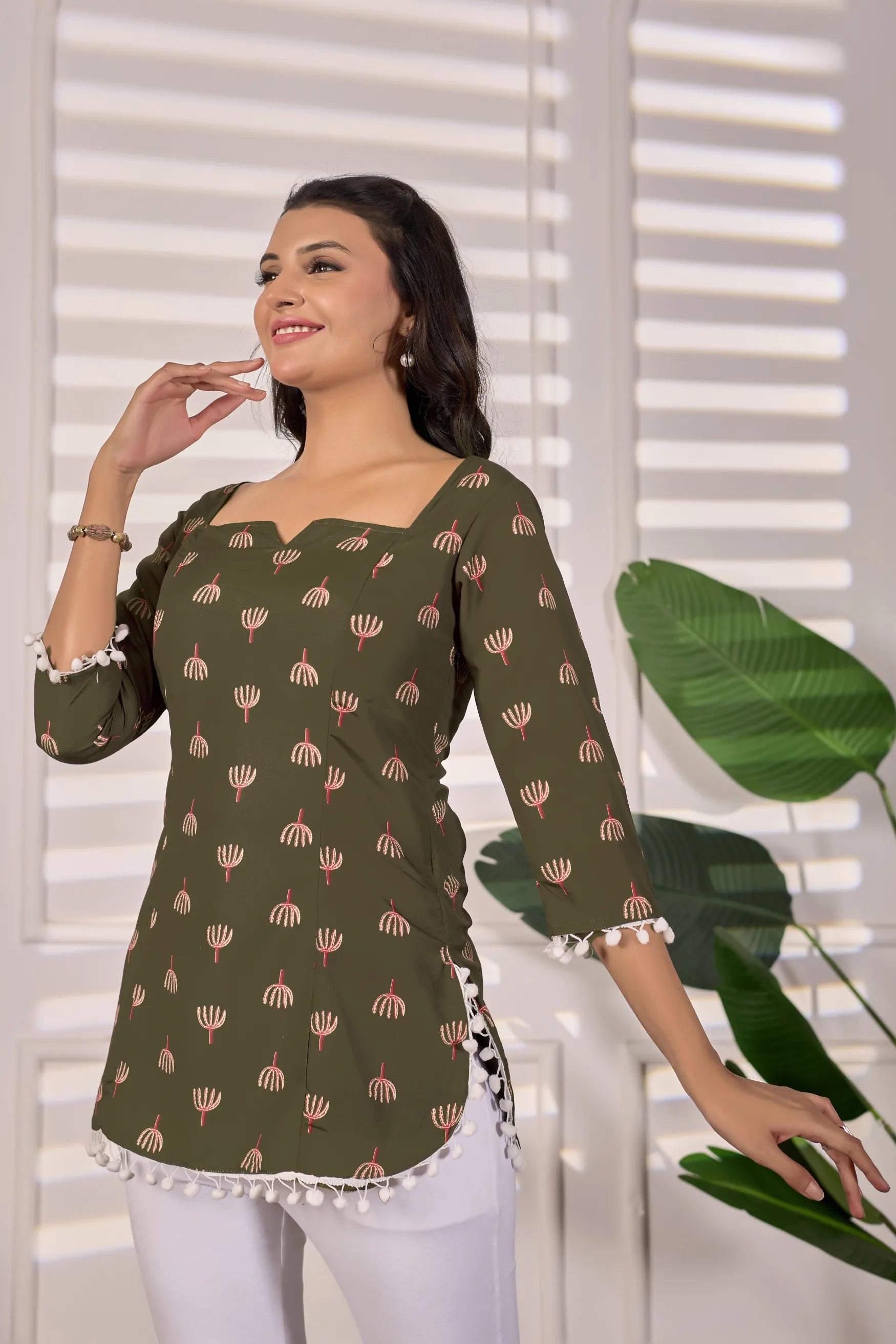Aarzoo Olive Green Cotton Kurti for Women | Pom-Pom Detailing, Corset Back Tie-Up, Padded & Lined