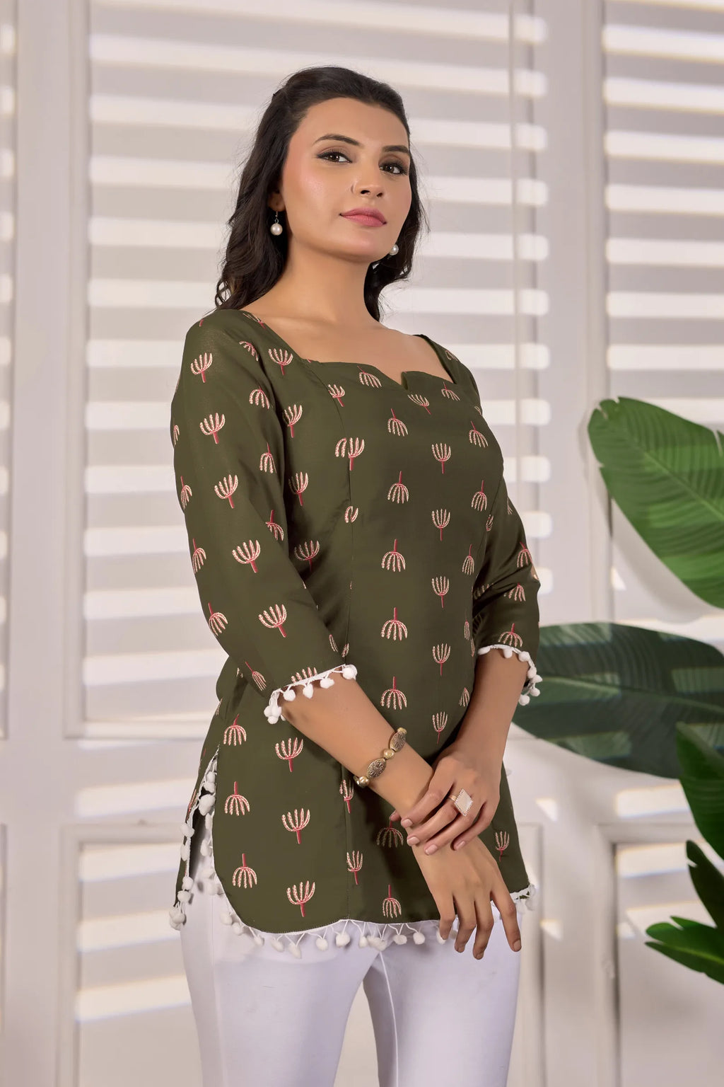 Aarzoo Olive Green Cotton Kurti for Women | Pom-Pom Detailing, Corset Back Tie-Up, Padded & Lined