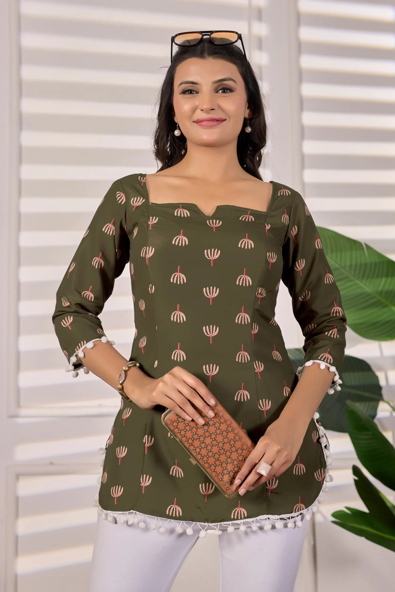 Aarzoo Olive Green Cotton Kurti for Women | Pom-Pom Detailing, Corset Back Tie-Up, Padded & Lined