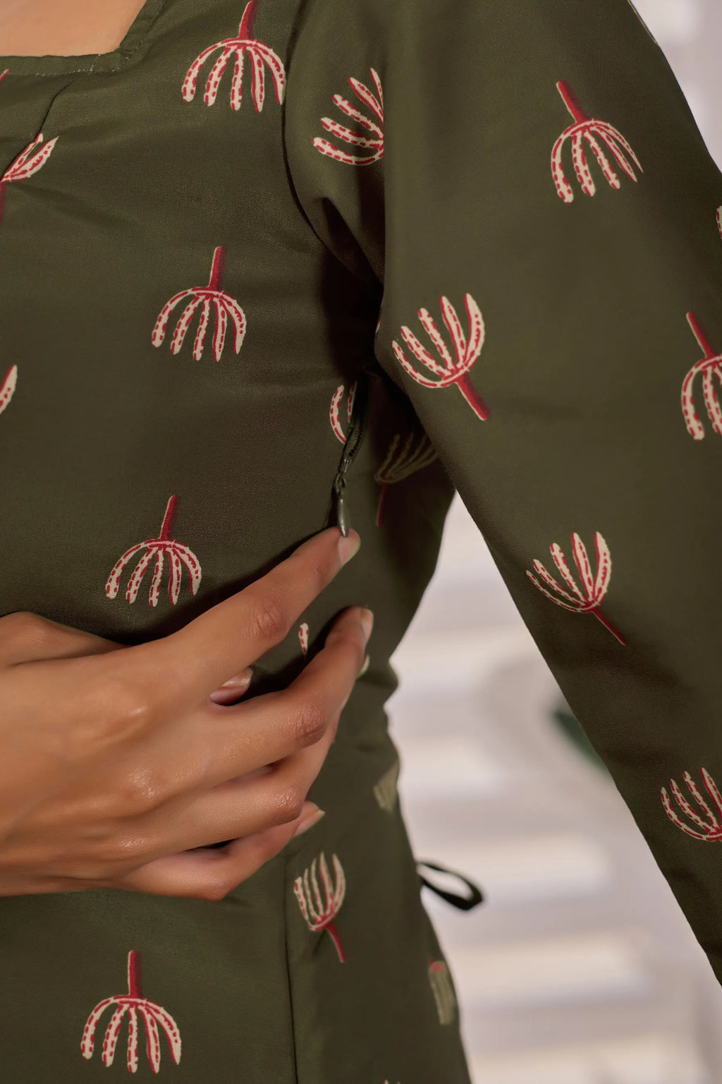 Aarzoo Olive Green Cotton Kurti for Women | Pom-Pom Detailing, Corset Back Tie-Up, Padded & Lined