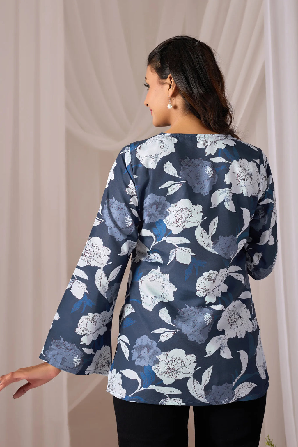 Falak Navy Blue Cotton Bell Sleeve Kurti for Women | Floral Print, V-Neck, Fusion Wear Top