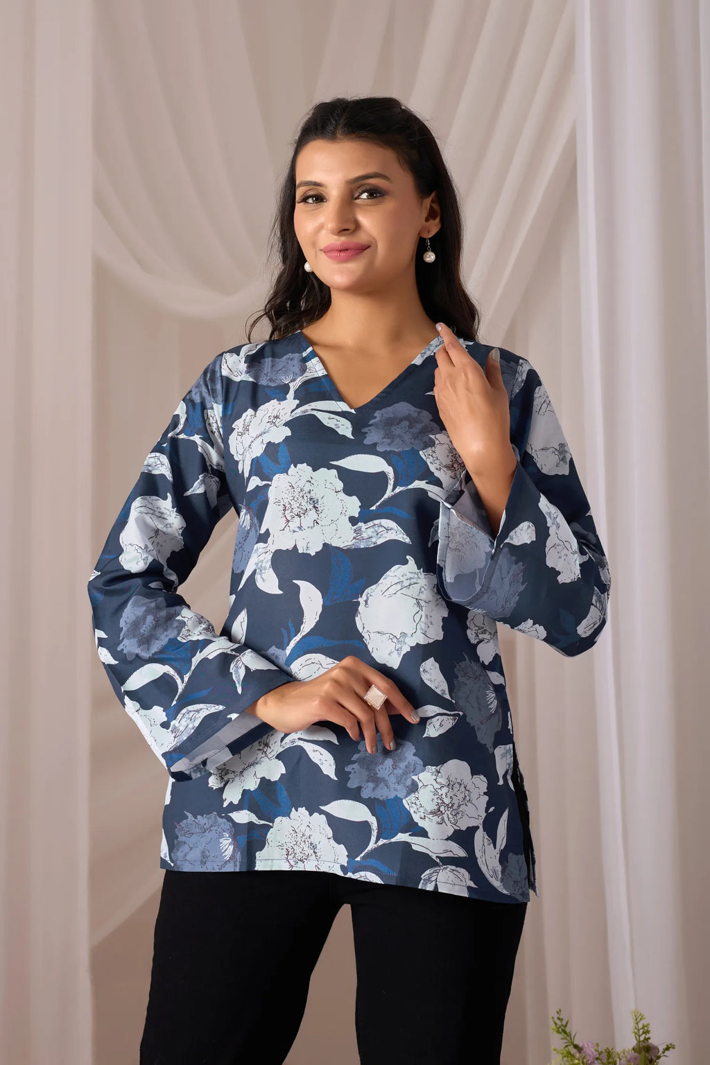 Falak Navy Blue Cotton Bell Sleeve Kurti for Women | Floral Print, V-Neck, Fusion Wear Top