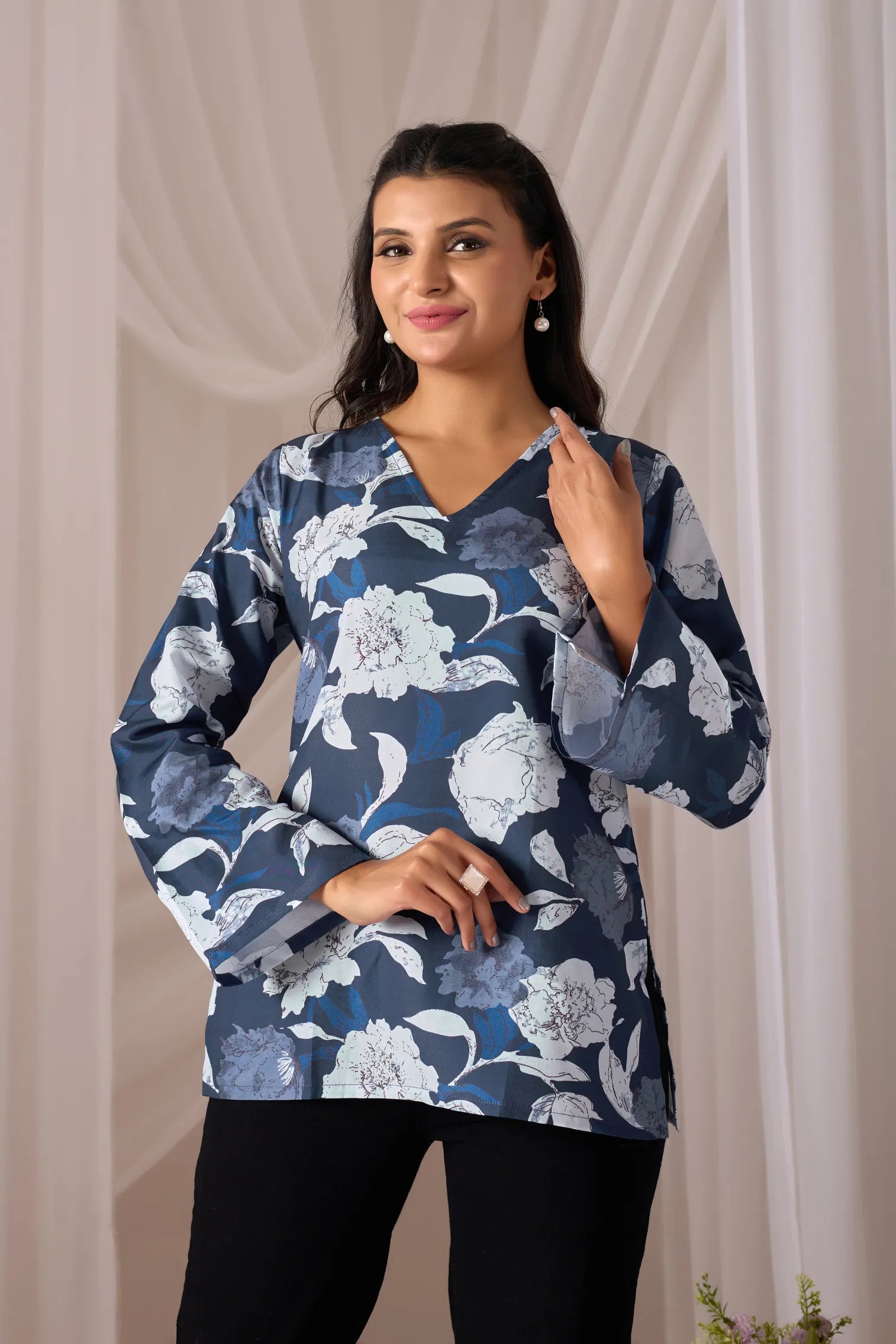 Falak Navy Blue Cotton Bell Sleeve Kurti for Women | Floral Print, V-Neck, Fusion Wear Top