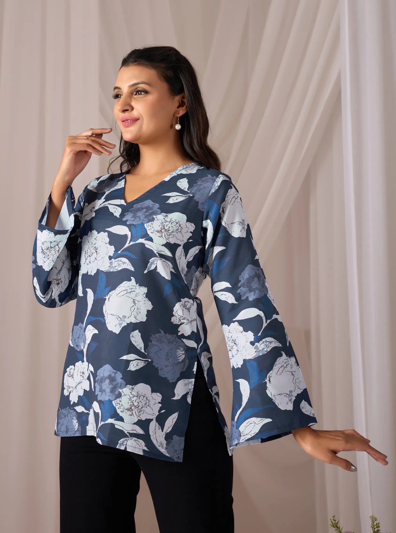 Falak Navy Blue Cotton Bell Sleeve Kurti for Women | Floral Print, V-Neck, Fusion Wear Top