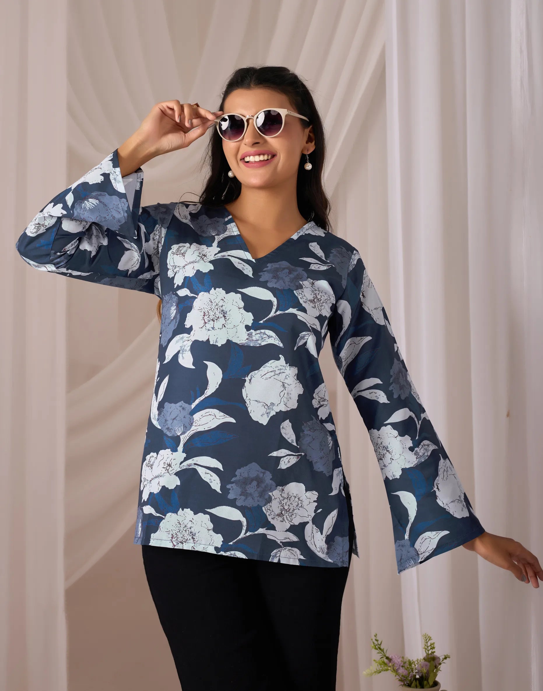 Falak Navy Blue Cotton Bell Sleeve Kurti for Women | Floral Print, V-Neck, Fusion Wear Top