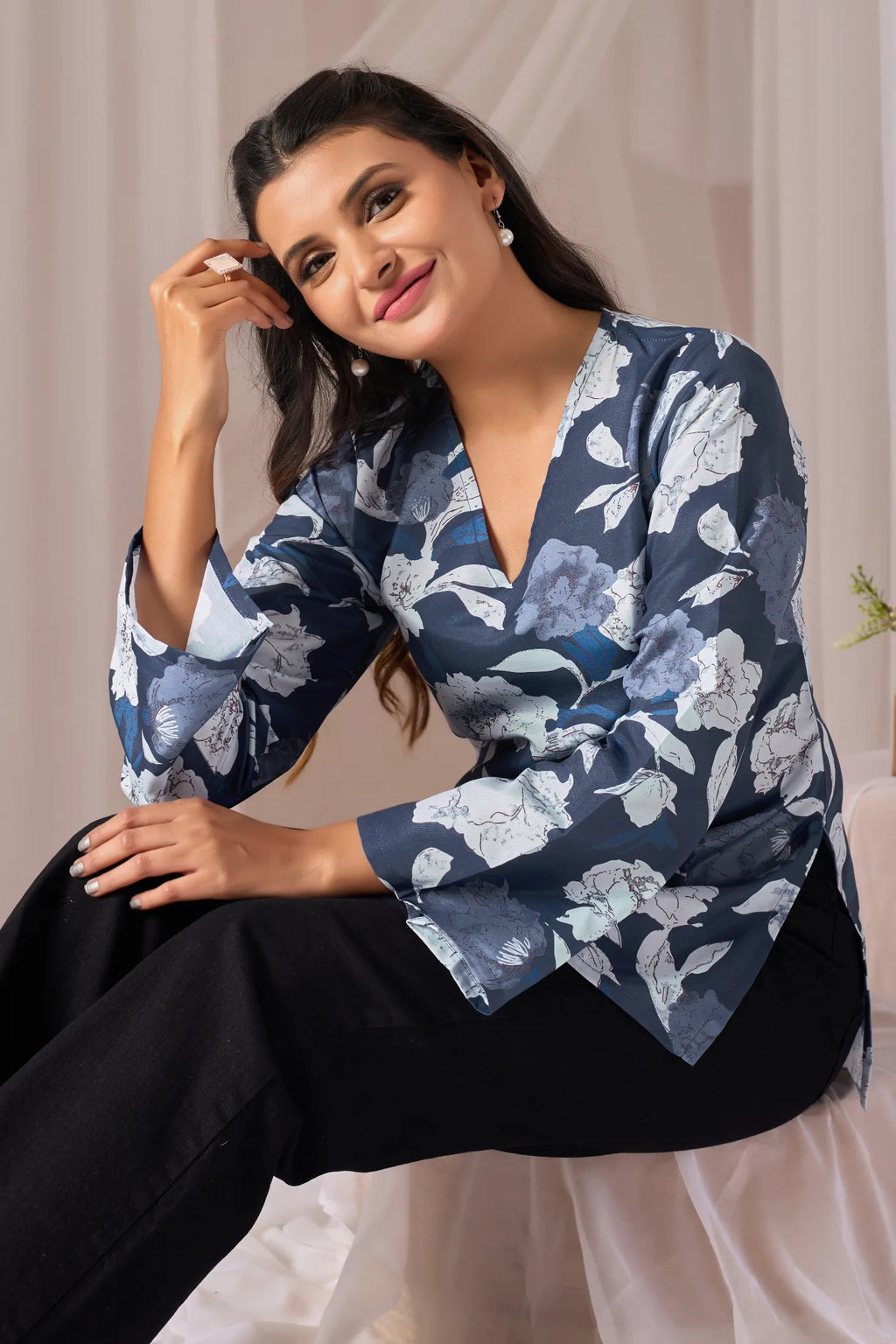 Falak Navy Blue Cotton Bell Sleeve Kurti for Women | Floral Print, V-Neck, Fusion Wear Top