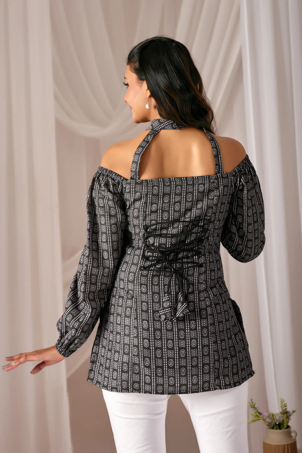 Bella Black Cotton Kurti for Women | Choker Neck, Puff Sleeves, Padded & Fully Lined Fusion Top