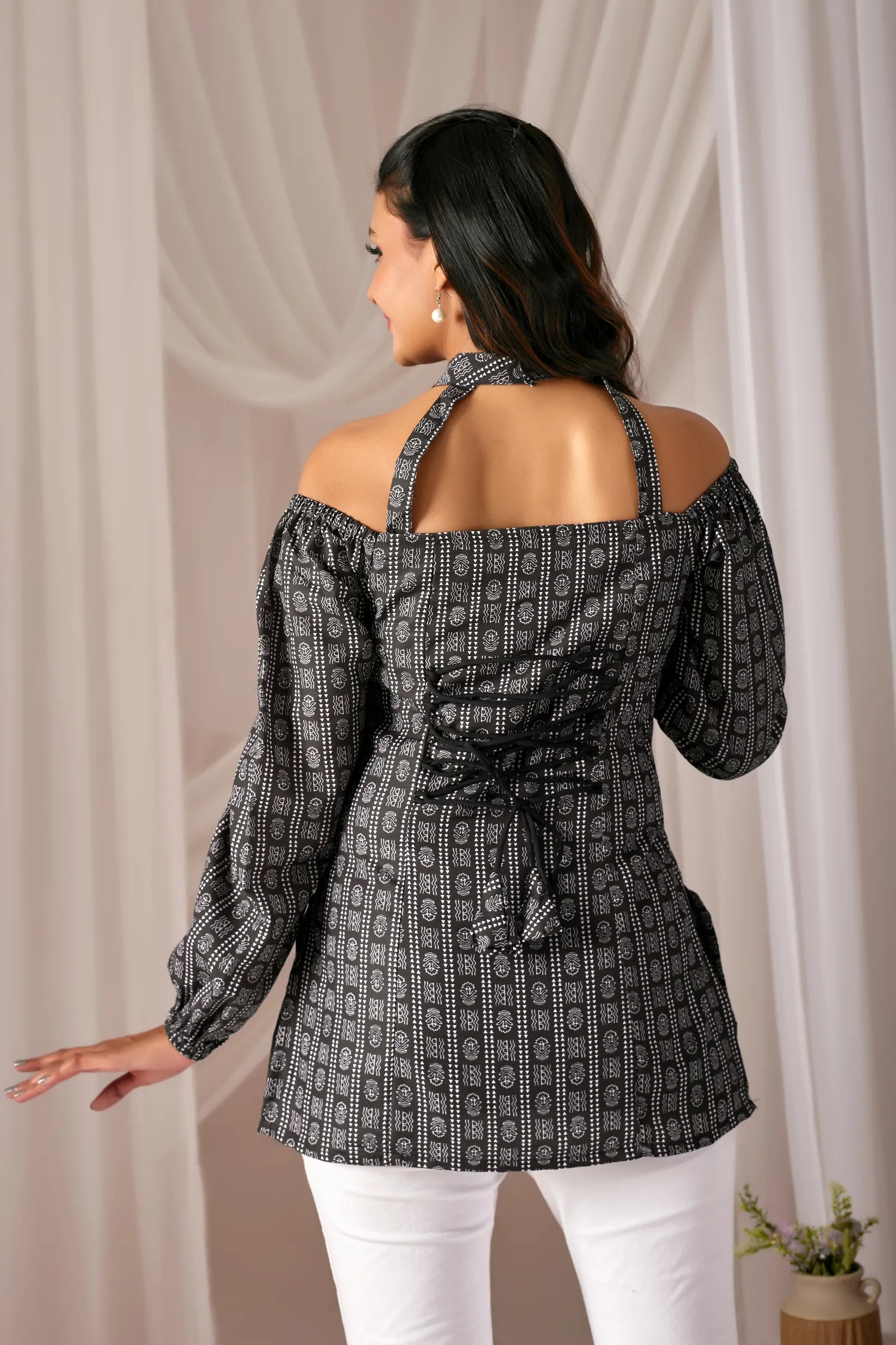 Bella Black Cotton Kurti for Women | Choker Neck, Puff Sleeves, Padded & Fully Lined Fusion Top