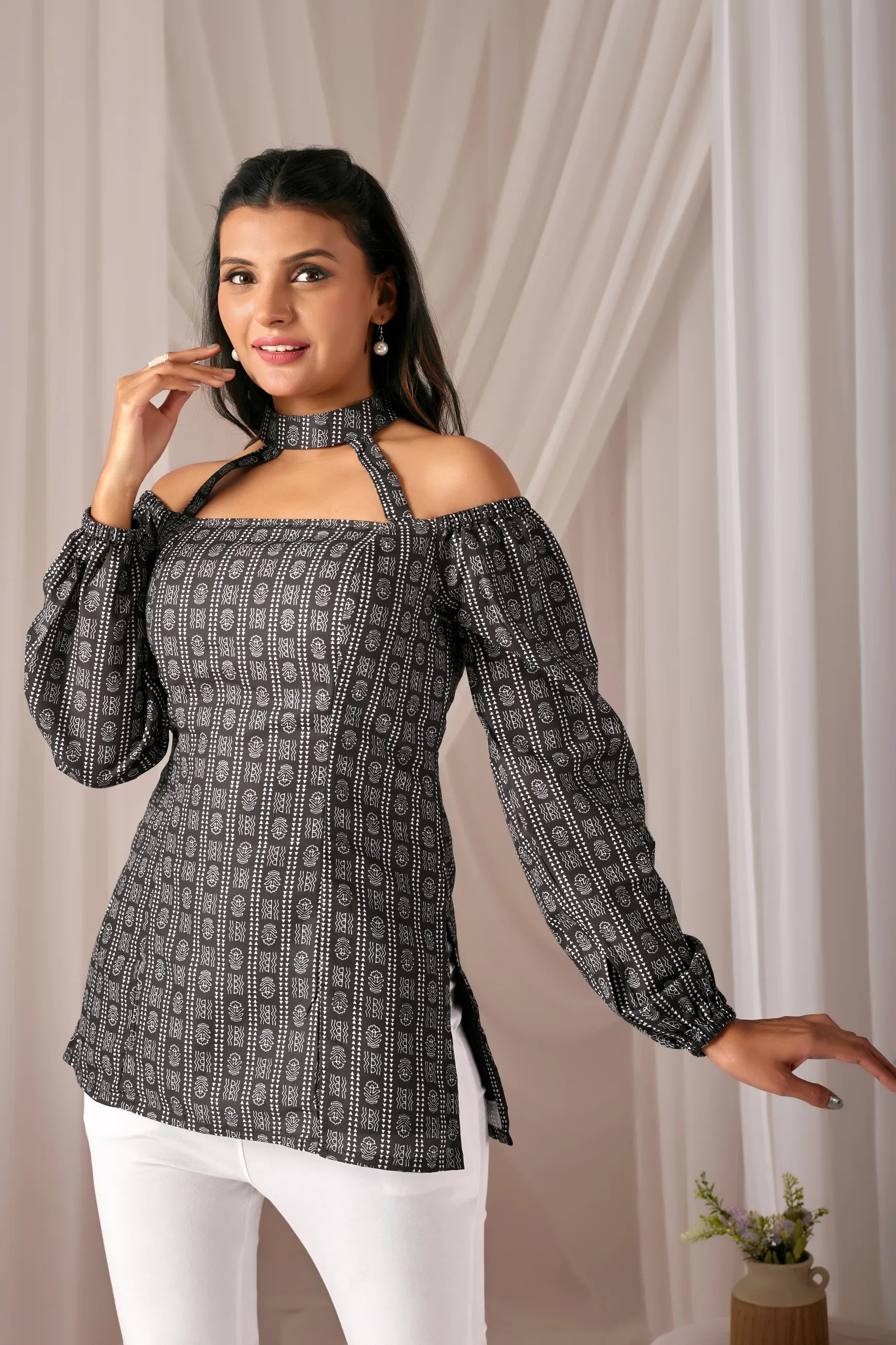 Bella Black Cotton Kurti for Women | Choker Neck, Puff Sleeves, Padded & Fully Lined Fusion Top