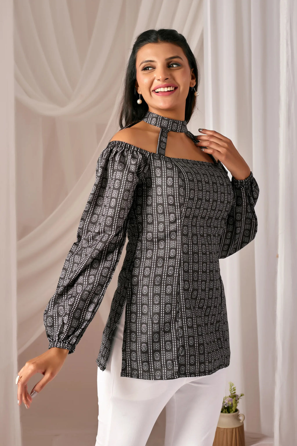 Bella Black Cotton Kurti for Women | Choker Neck, Puff Sleeves, Padded & Fully Lined Fusion Top