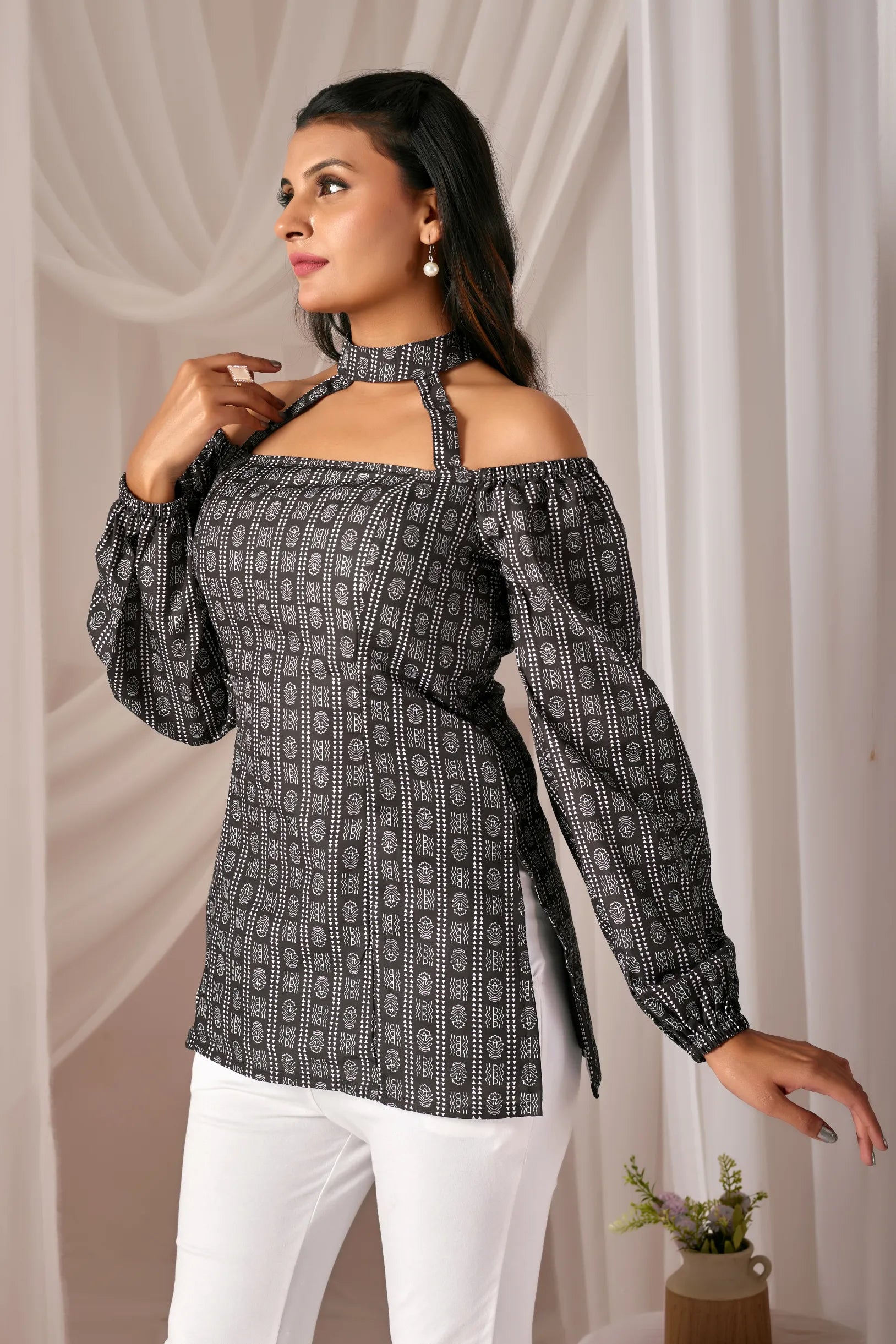 Bella Black Cotton Kurti for Women | Choker Neck, Puff Sleeves, Padded & Fully Lined Fusion Top