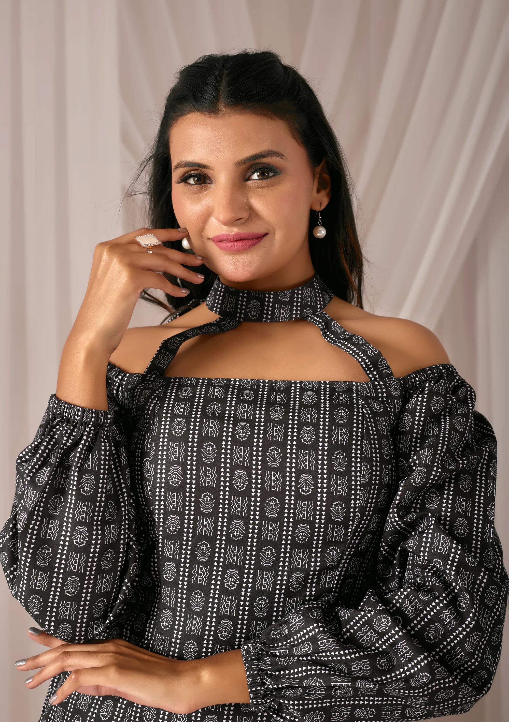 Bella Black Cotton Kurti for Women | Choker Neck, Puff Sleeves, Padded & Fully Lined Fusion Top