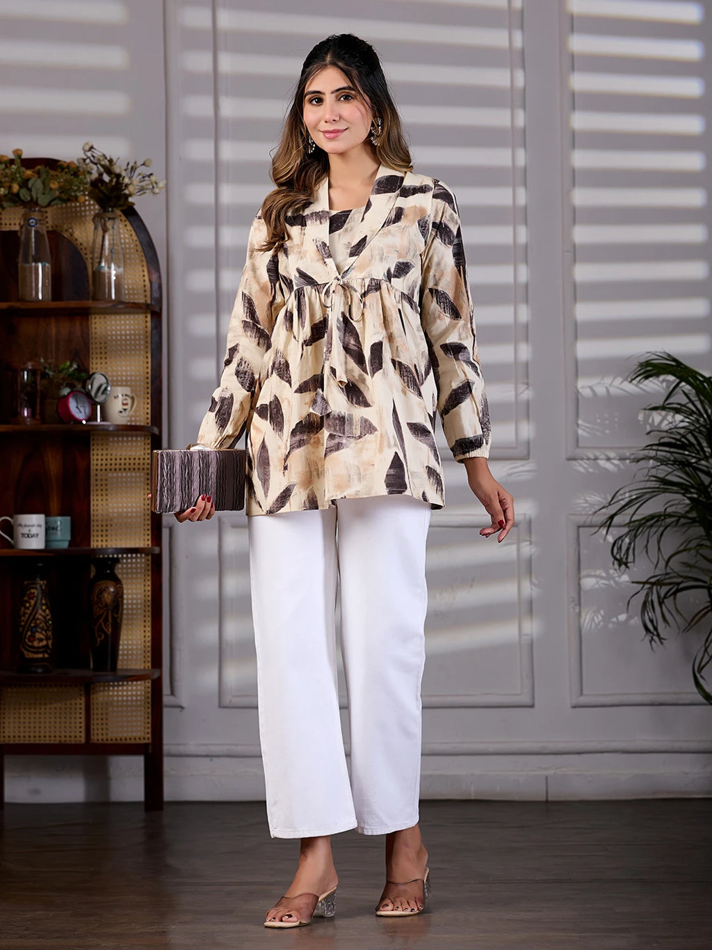 Gulnaar Cream Cotton V-neck Lapel-style Short Kurti