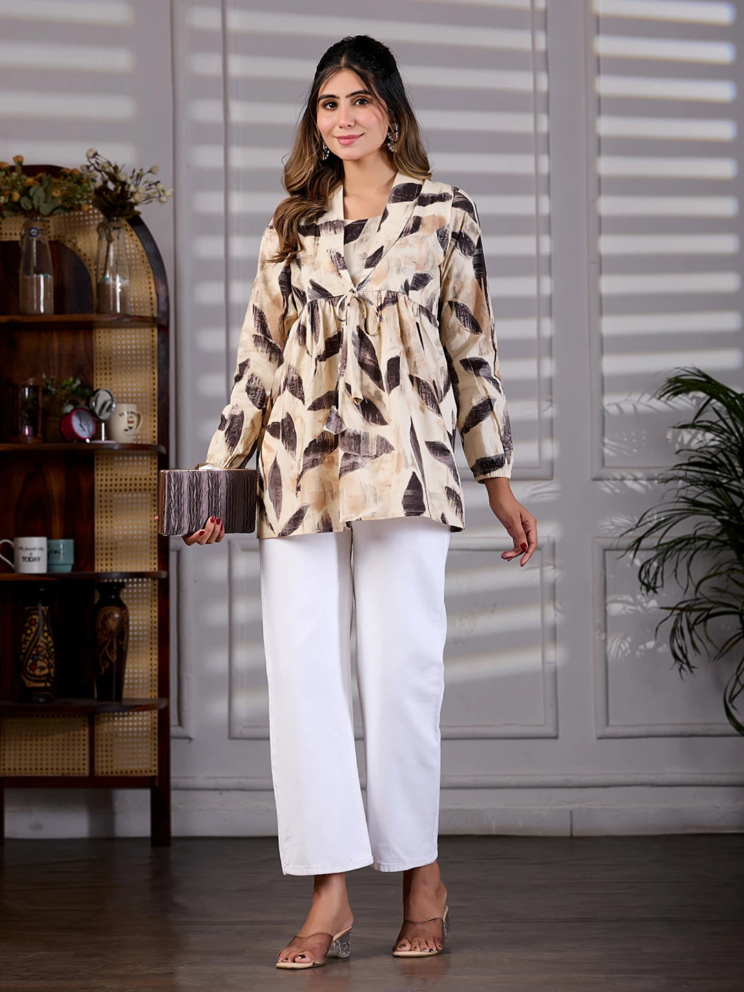 Gulnaar Cream Cotton V-neck Lapel-style Short Kurti
