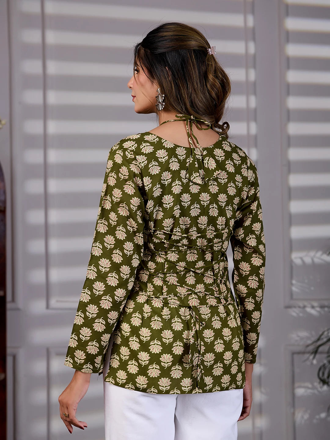 Vanya Olive Green Cotton Tie-Up Neck Kurti