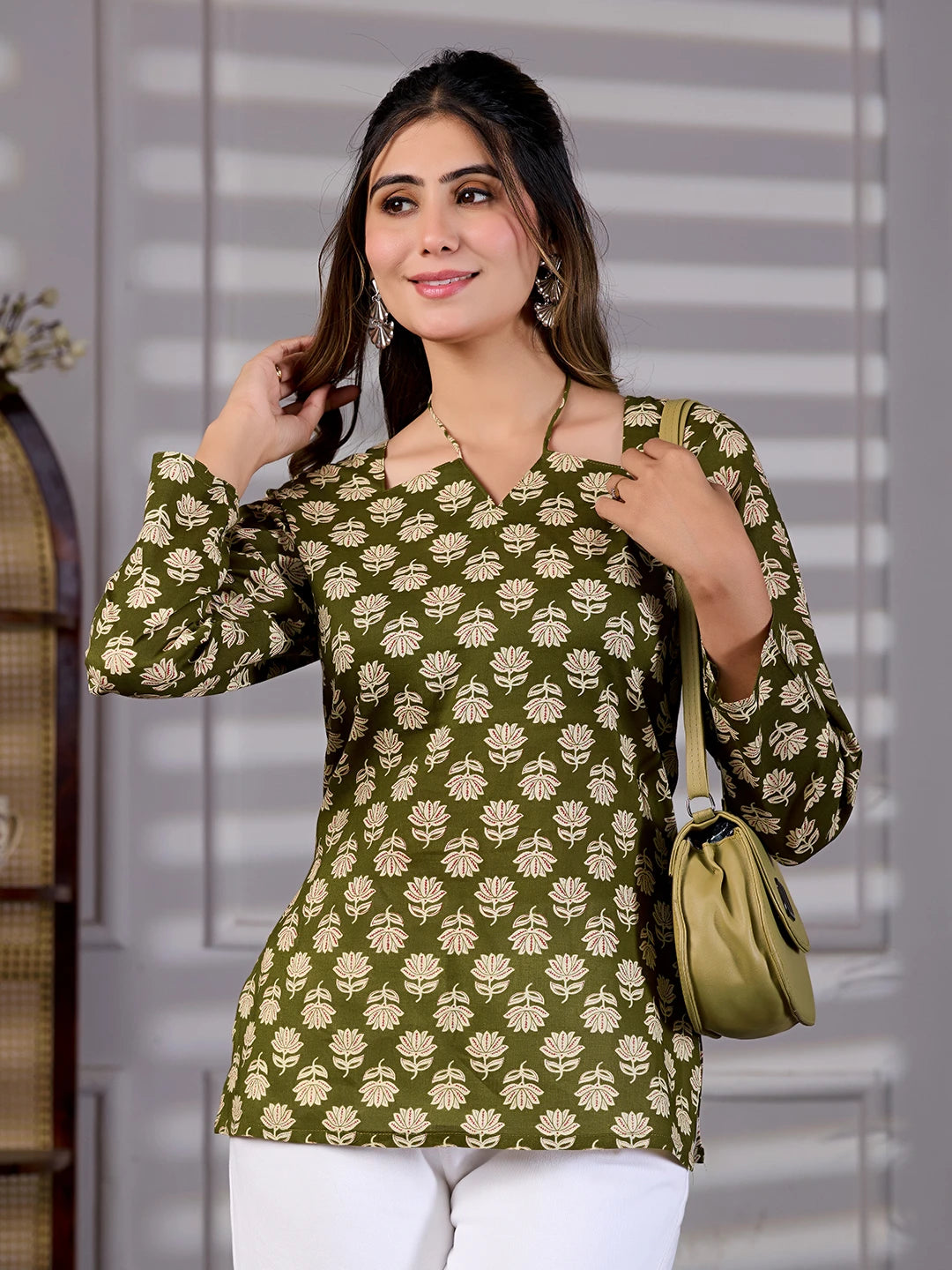 Vanya Olive Green Cotton Tie-Up Neck Kurti