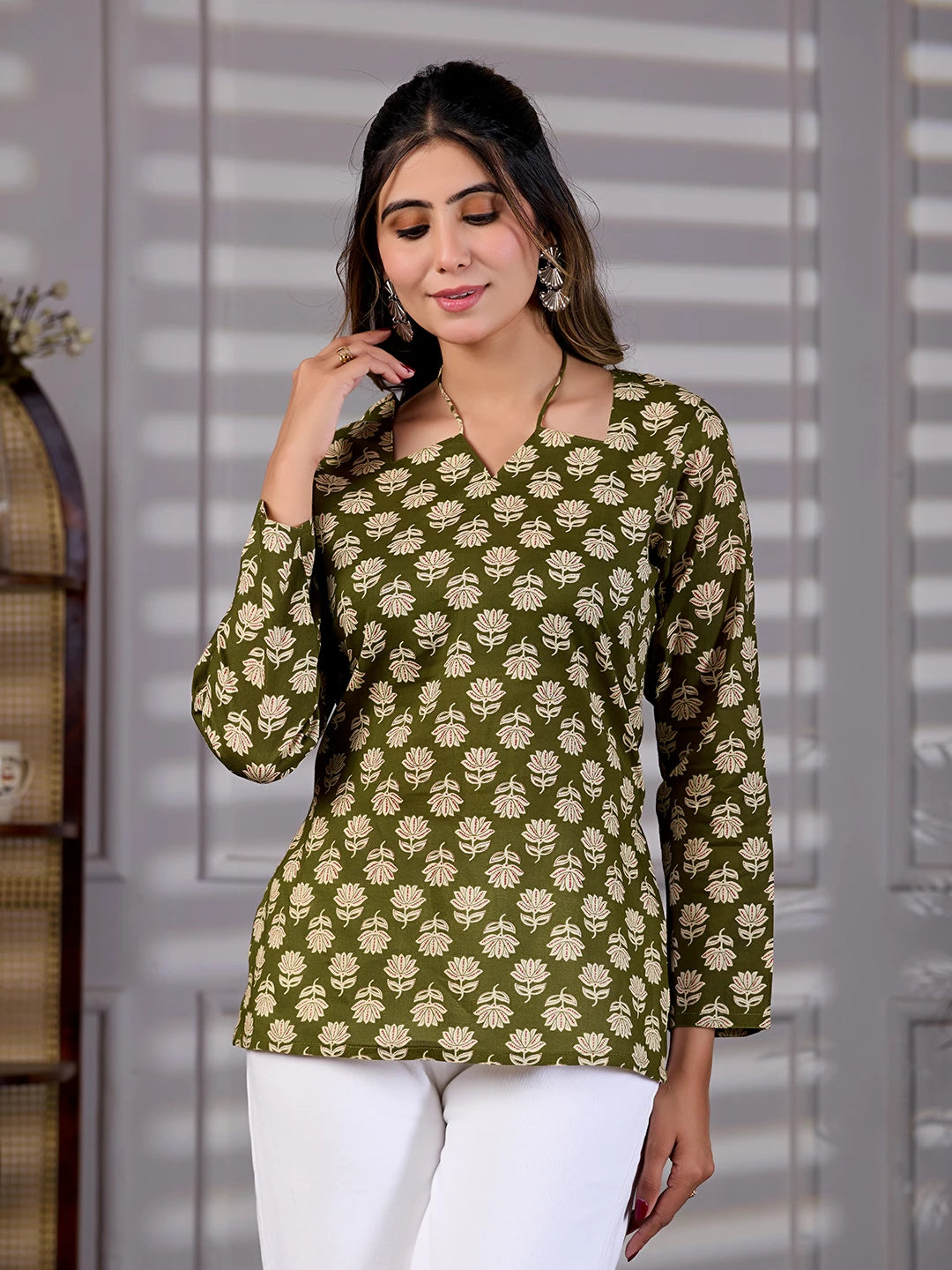Vanya Olive Green Cotton Tie-Up Neck Kurti