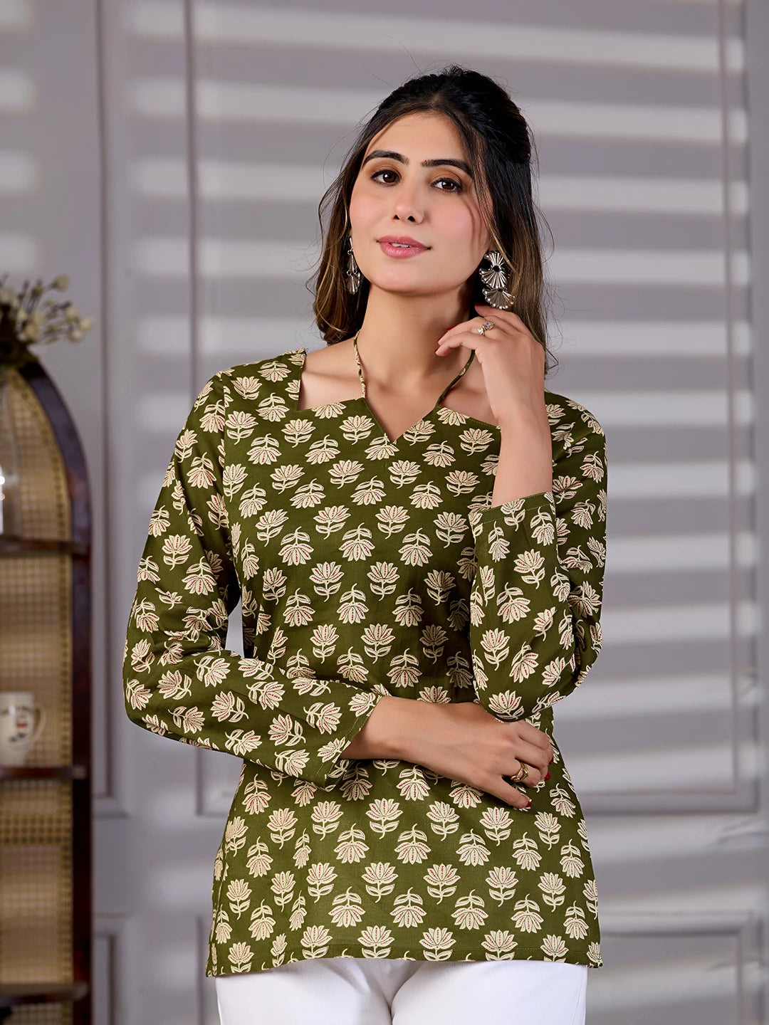 Vanya Olive Green Cotton Tie-Up Neck Kurti