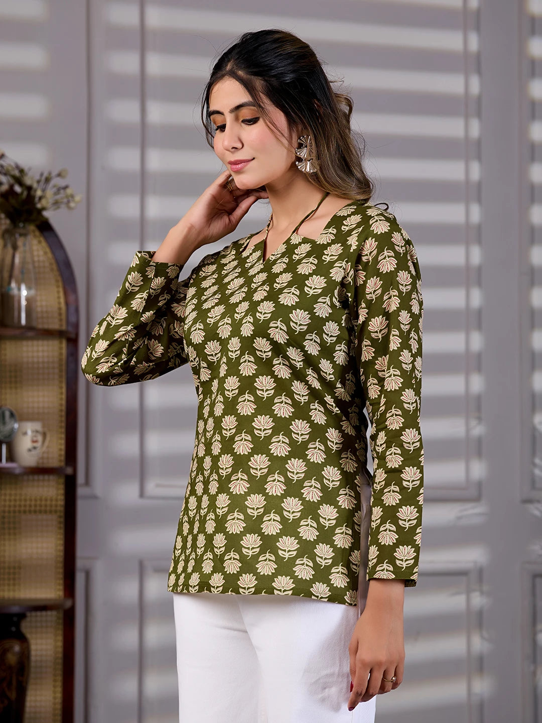 Vanya Olive Green Cotton Tie-Up Neck Kurti