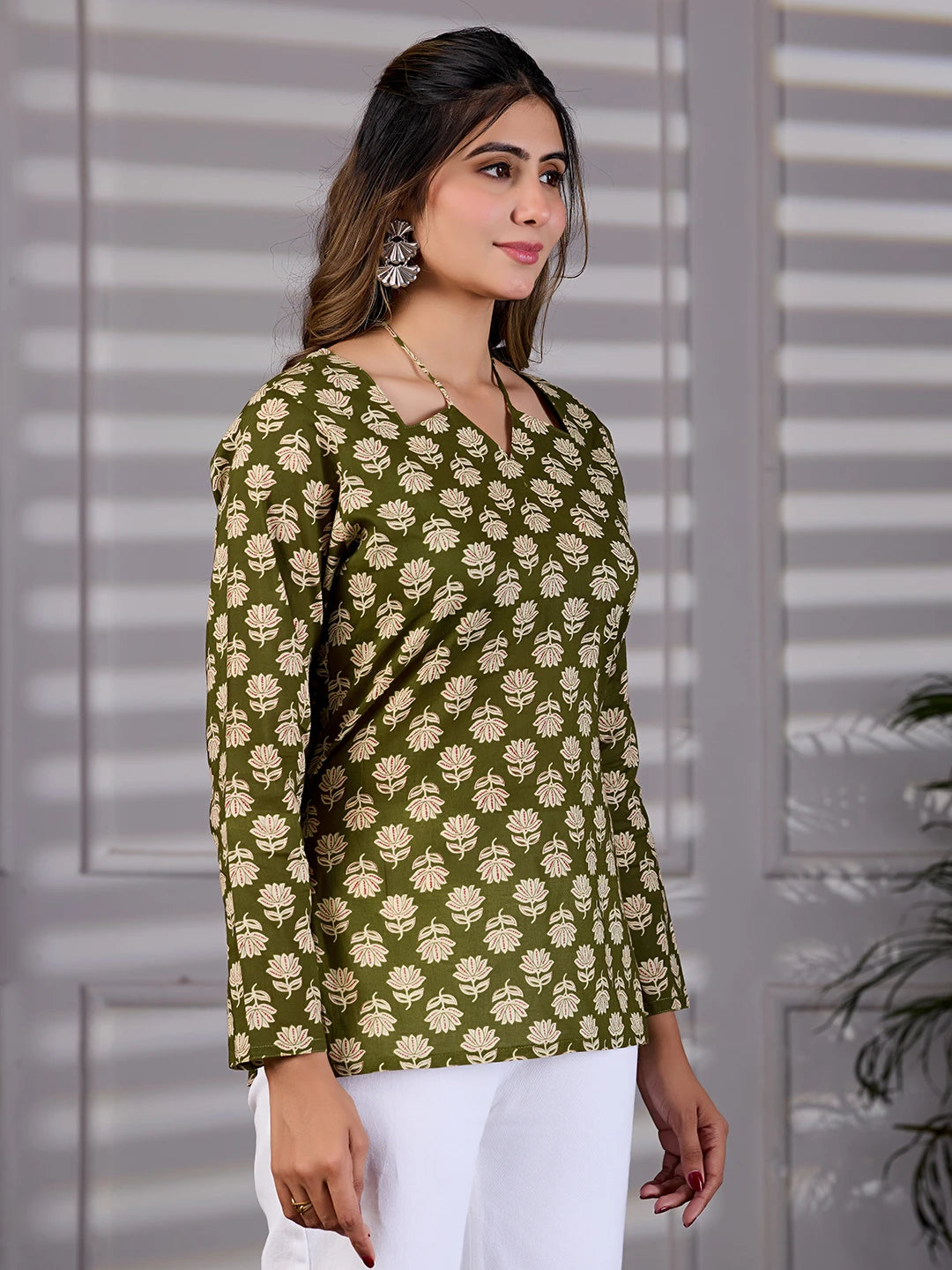 Vanya Olive Green Cotton Tie-Up Neck Kurti