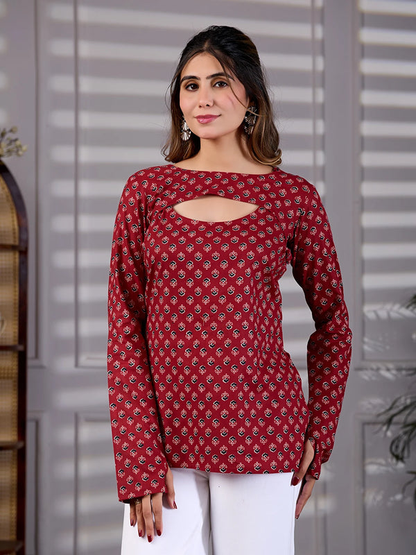 Nayra Red Cotton Back Tie-Up Kurti