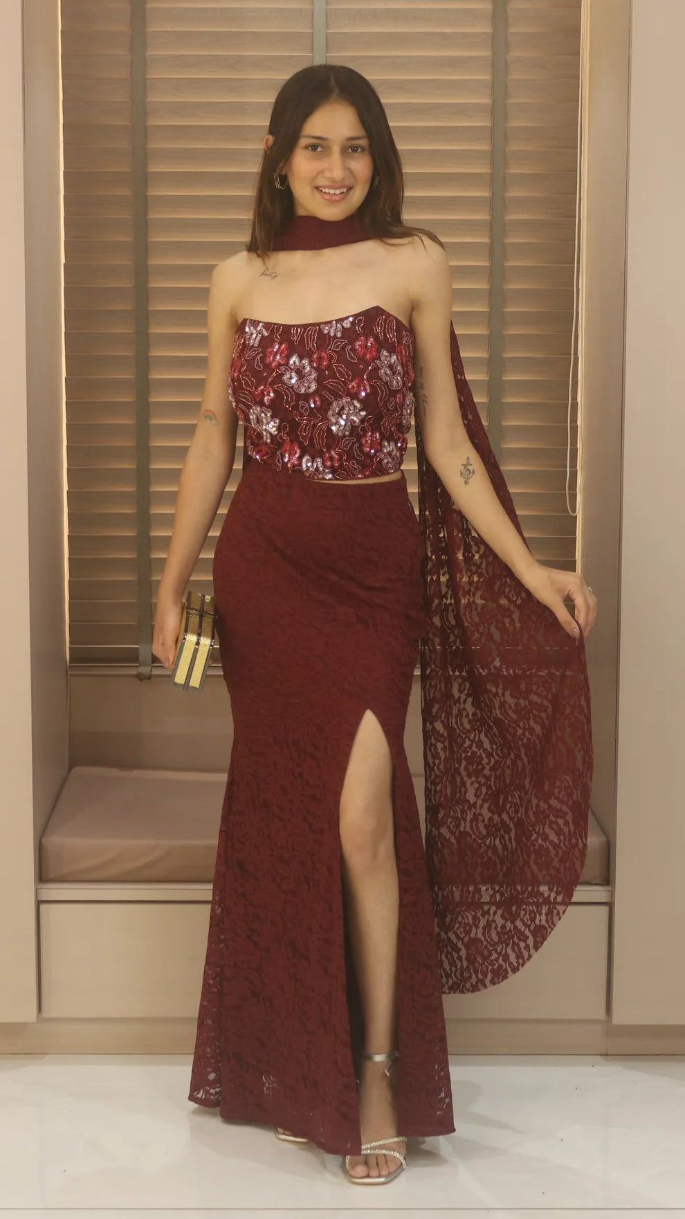 Amara Nocturne Maroon Handwork Maxi Gown with Draped Overlay – Elegant Embellished Evening Dress