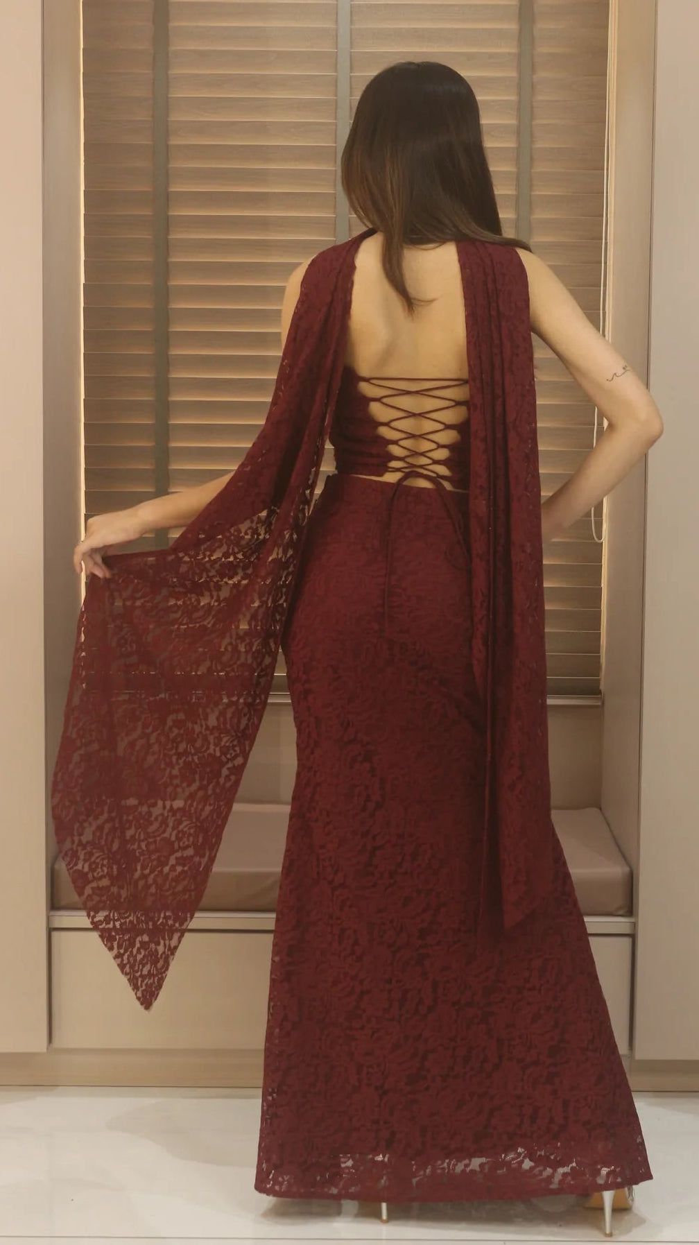 Amara Nocturne Maroon Handwork Maxi Gown with Draped Overlay – Elegant Embellished Evening Dress
