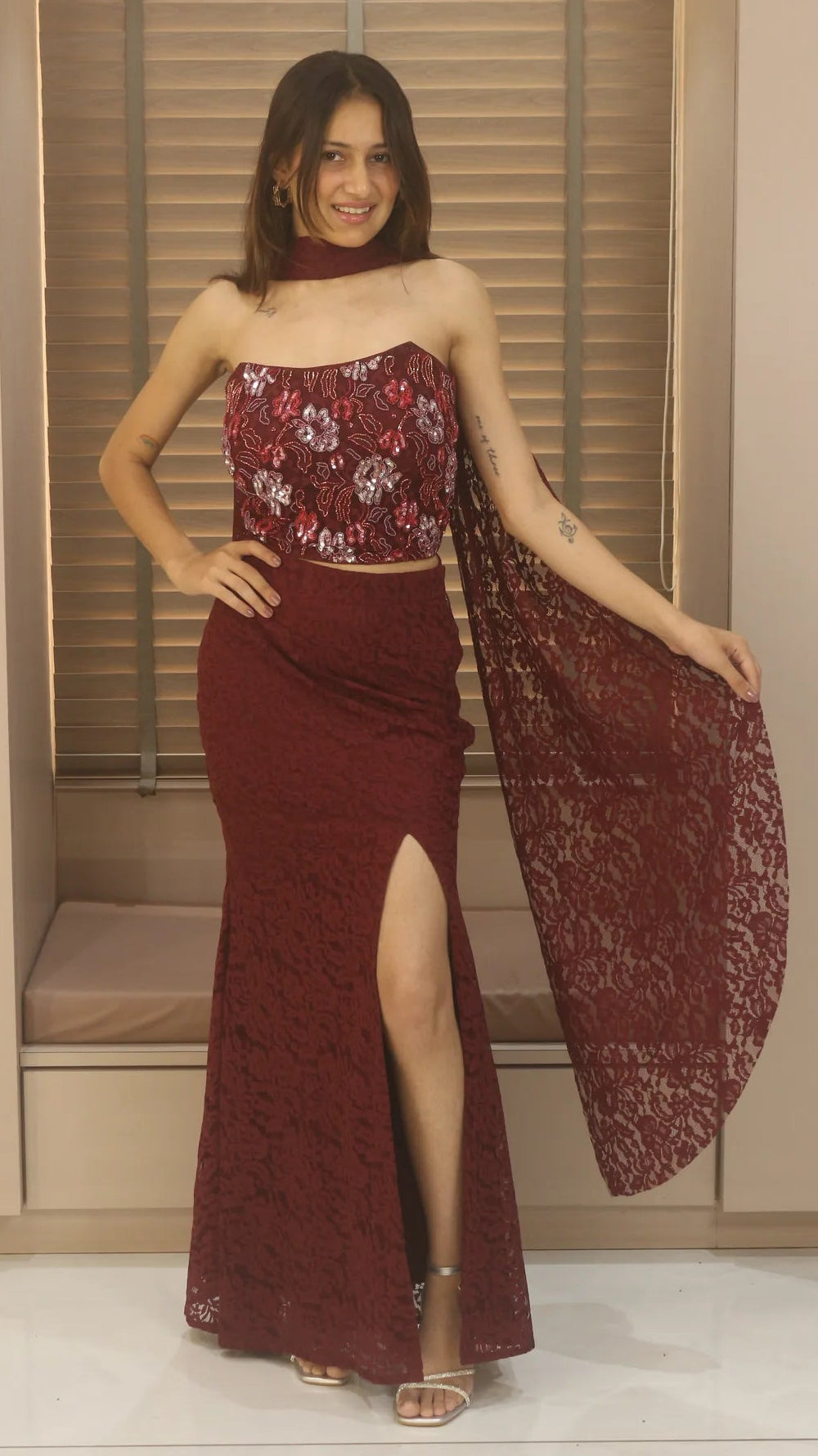 Amara Nocturne Maroon Handwork Maxi Gown with Draped Overlay – Elegant Embellished Evening Dress