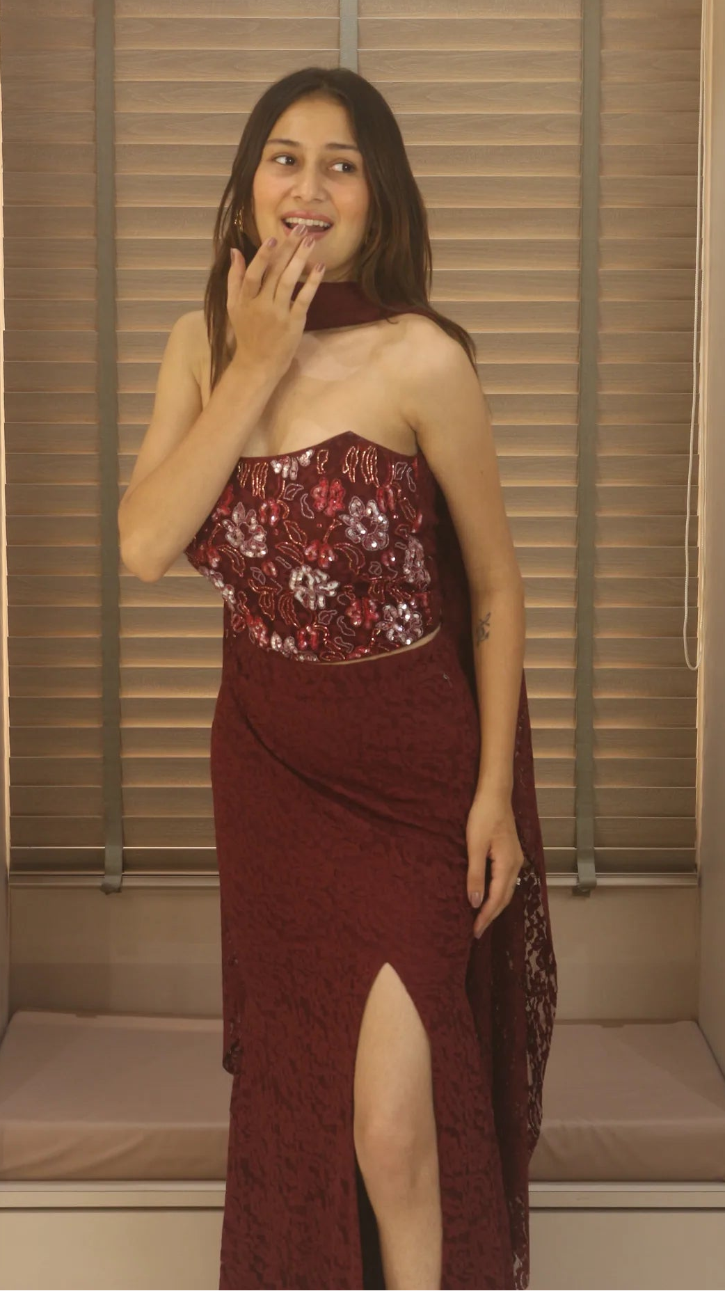 Amara Nocturne Maroon Handwork Maxi Gown with Draped Overlay – Elegant Embellished Evening Dress
