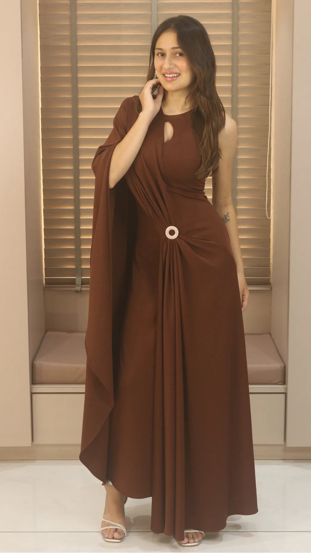 Sienna Aura Draped Maxi Gown with Statement Ring Detail – Elegant Brown Evening Dress