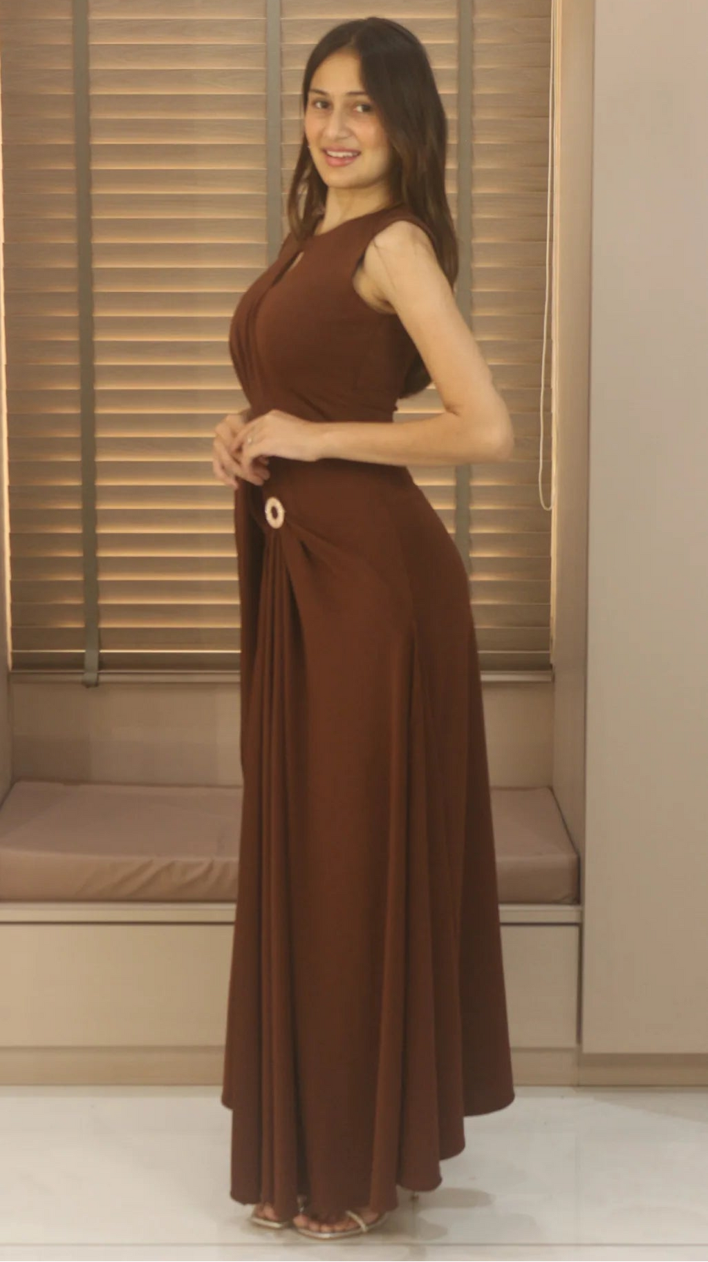Sienna Aura Draped Maxi Gown with Statement Ring Detail – Elegant Brown Evening Dress