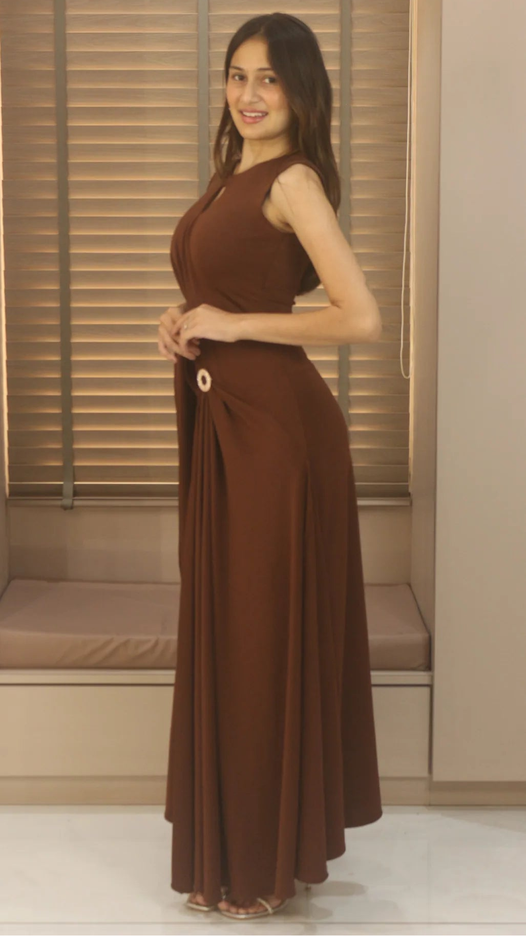Sienna Aura Draped Maxi Gown with Statement Ring Detail – Elegant Brown Evening Dress