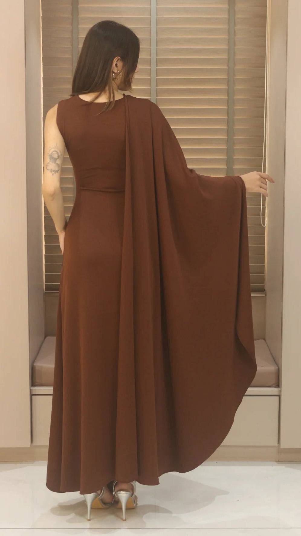 Sienna Aura Draped Maxi Gown with Statement Ring Detail – Elegant Brown Evening Dress