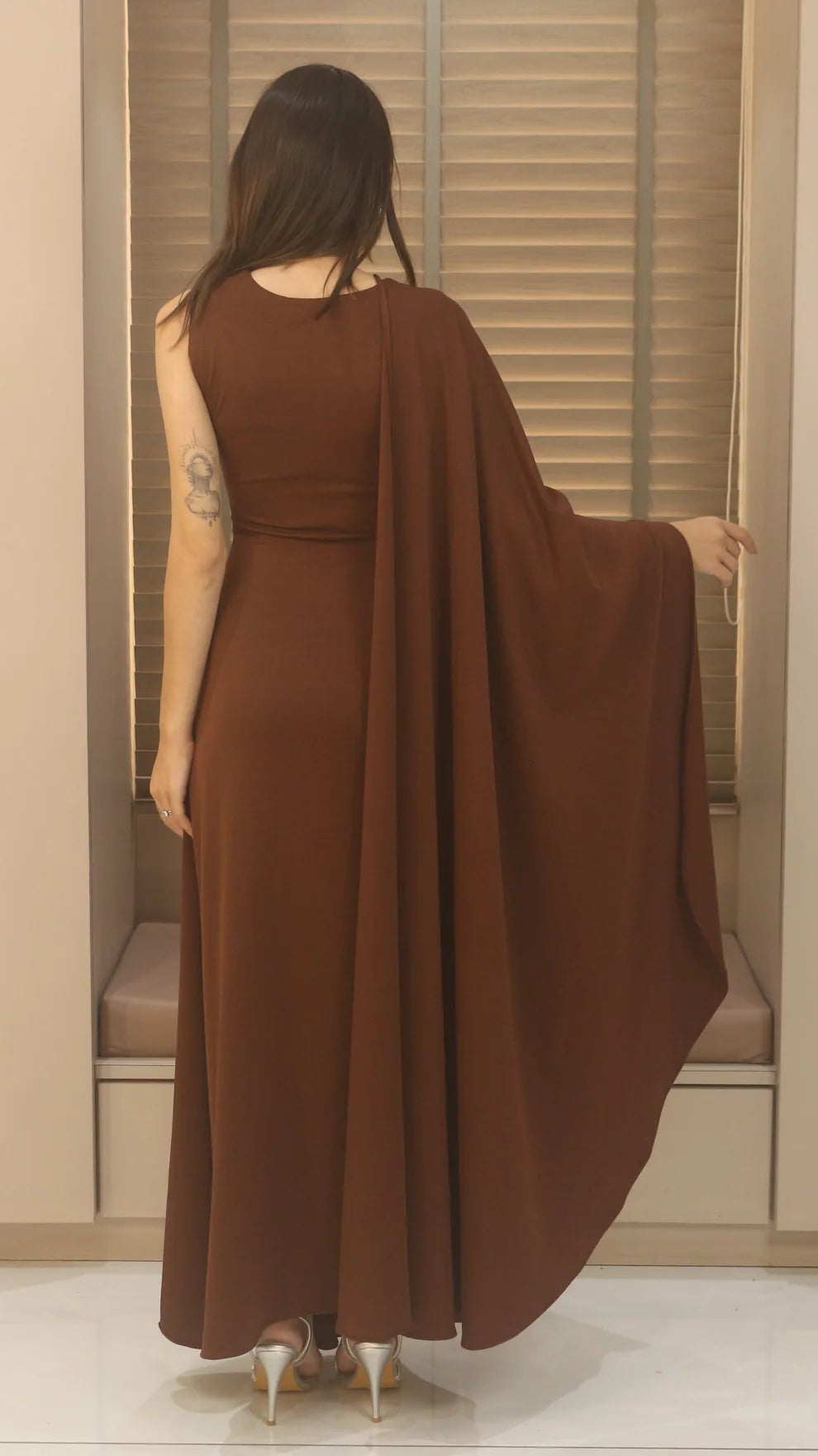 Sienna Aura Draped Maxi Gown with Statement Ring Detail – Elegant Brown Evening Dress