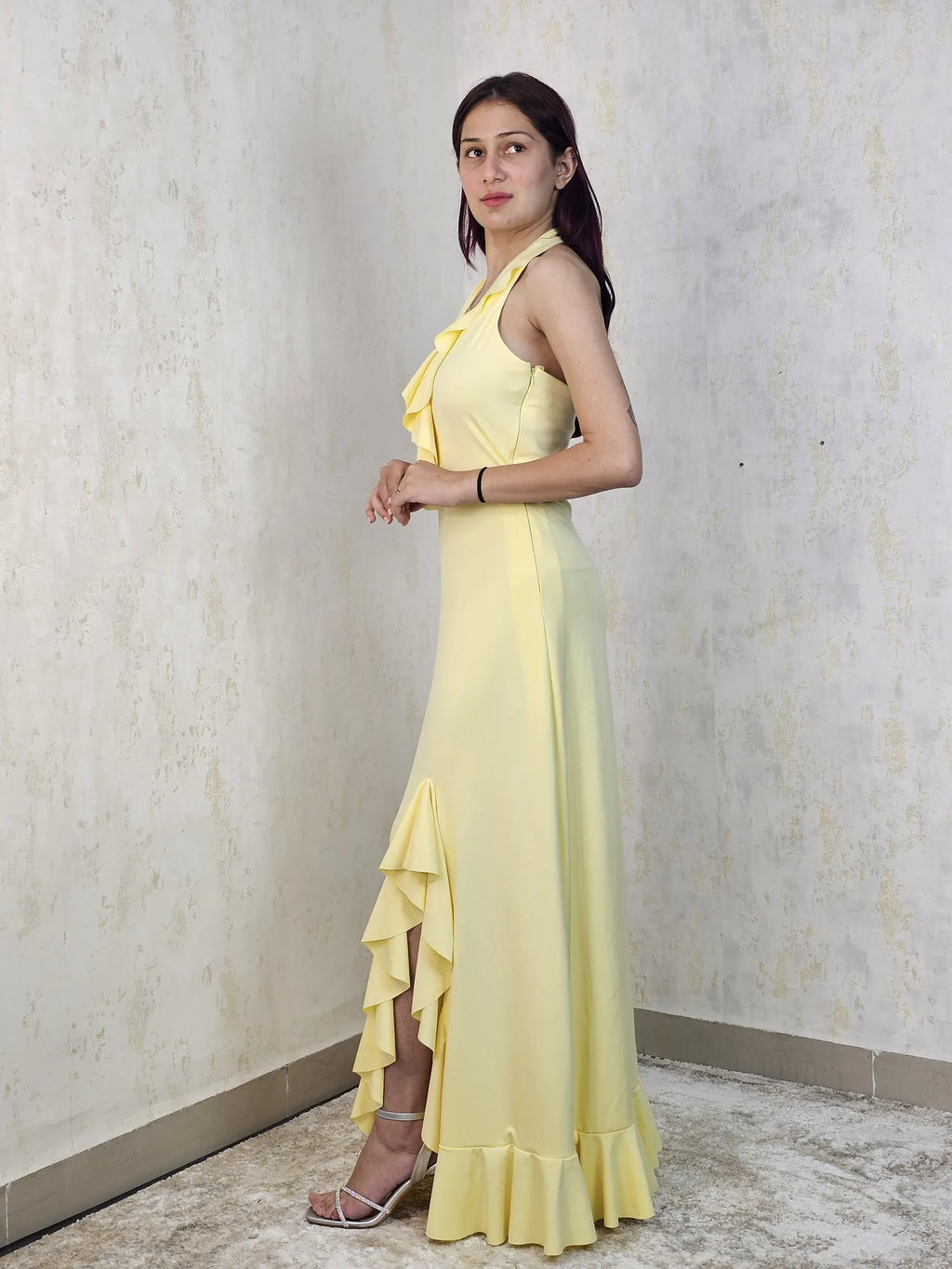 Azrah Yellow Ruffle Maxi Dress with Halter Neck