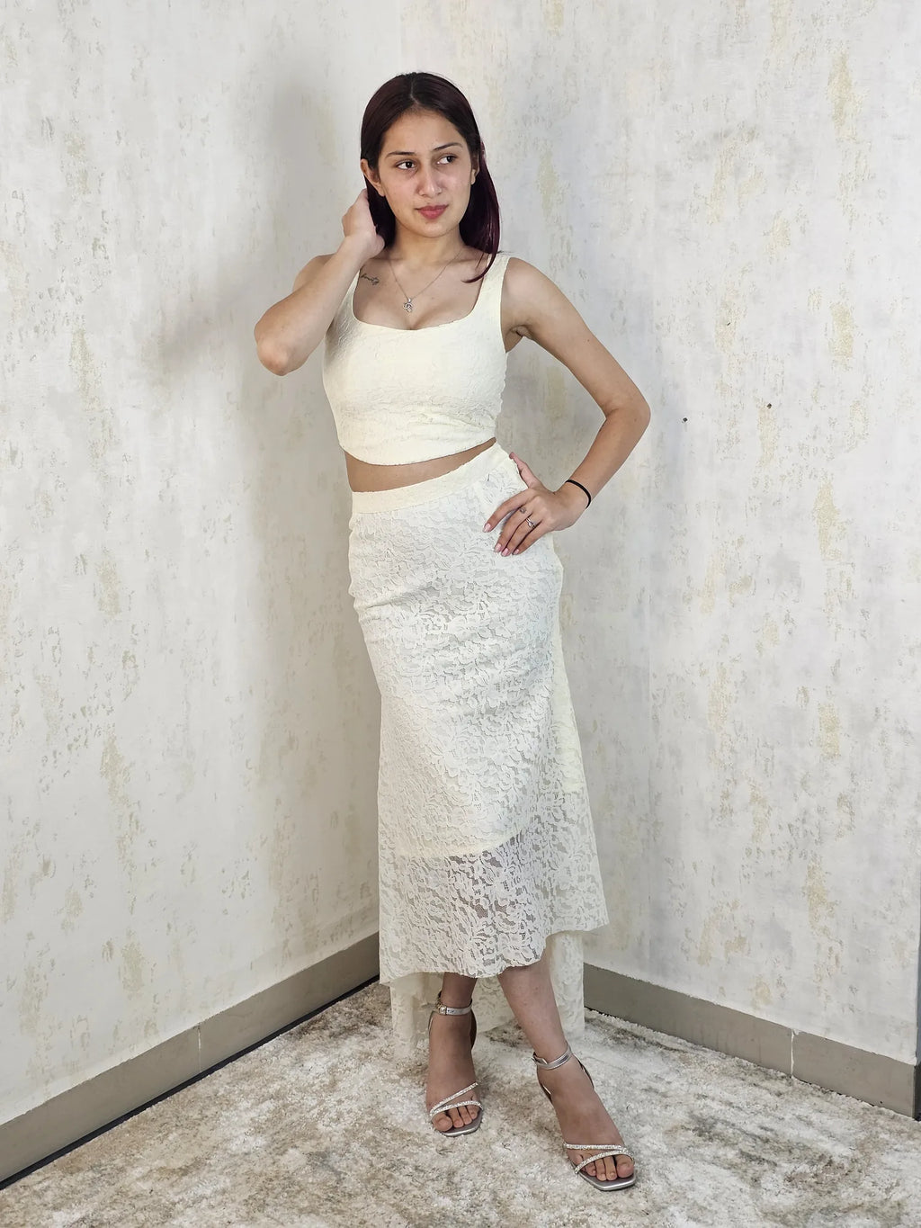 Elara Veil White Lace Two-Piece Maxi Set