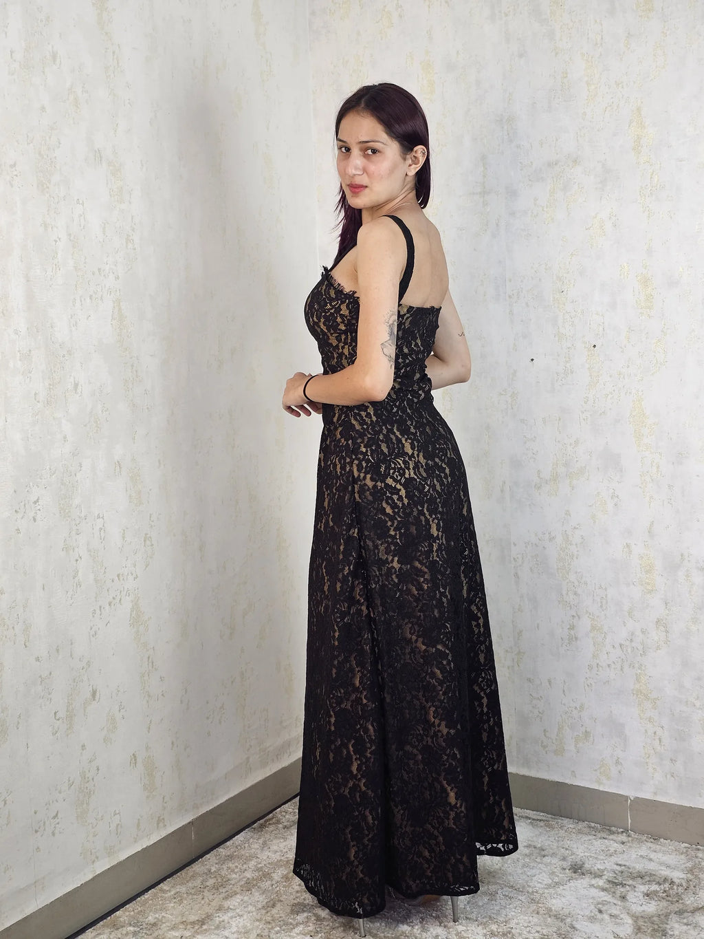 Abella Black Lace Trimmed Neckline Maxi Dress