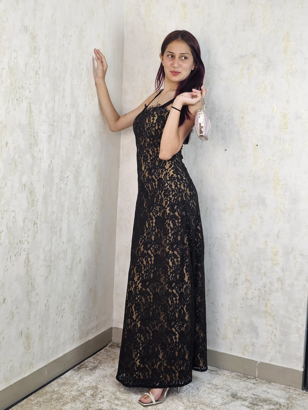 Abella Black Lace Trimmed Neckline Maxi Dress