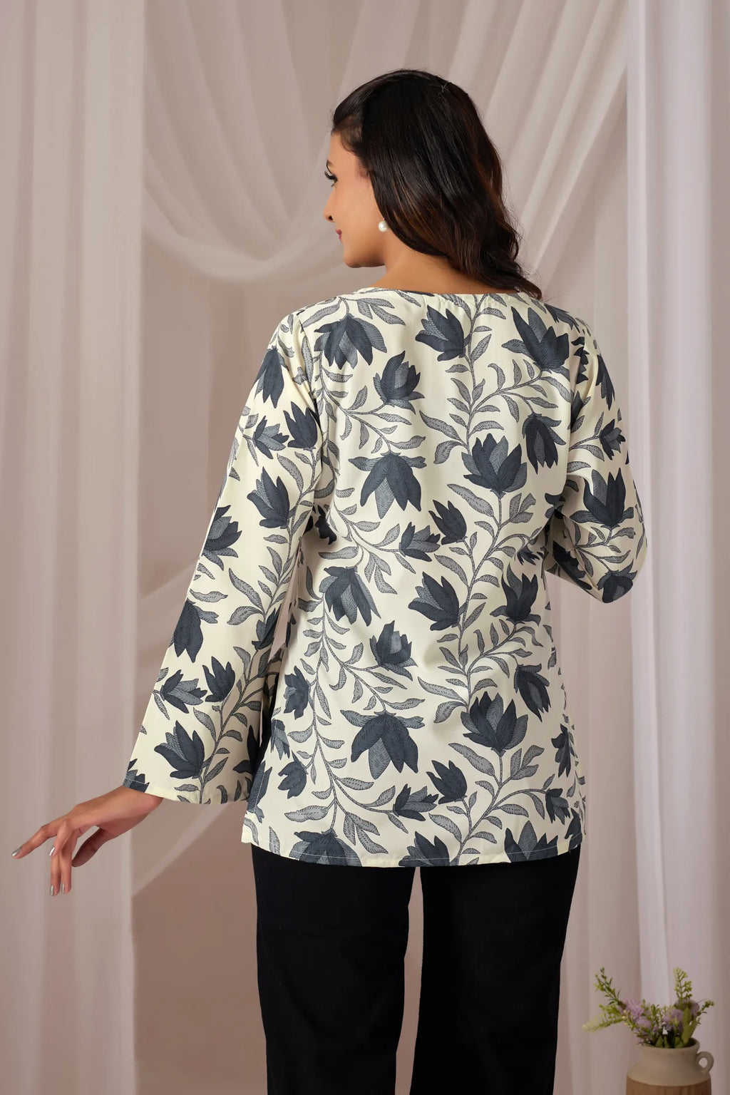 Zareen Cream Cotton Bell Sleeve Kurti for Women | Floral Print, V-Neck, Fusion Wear Top