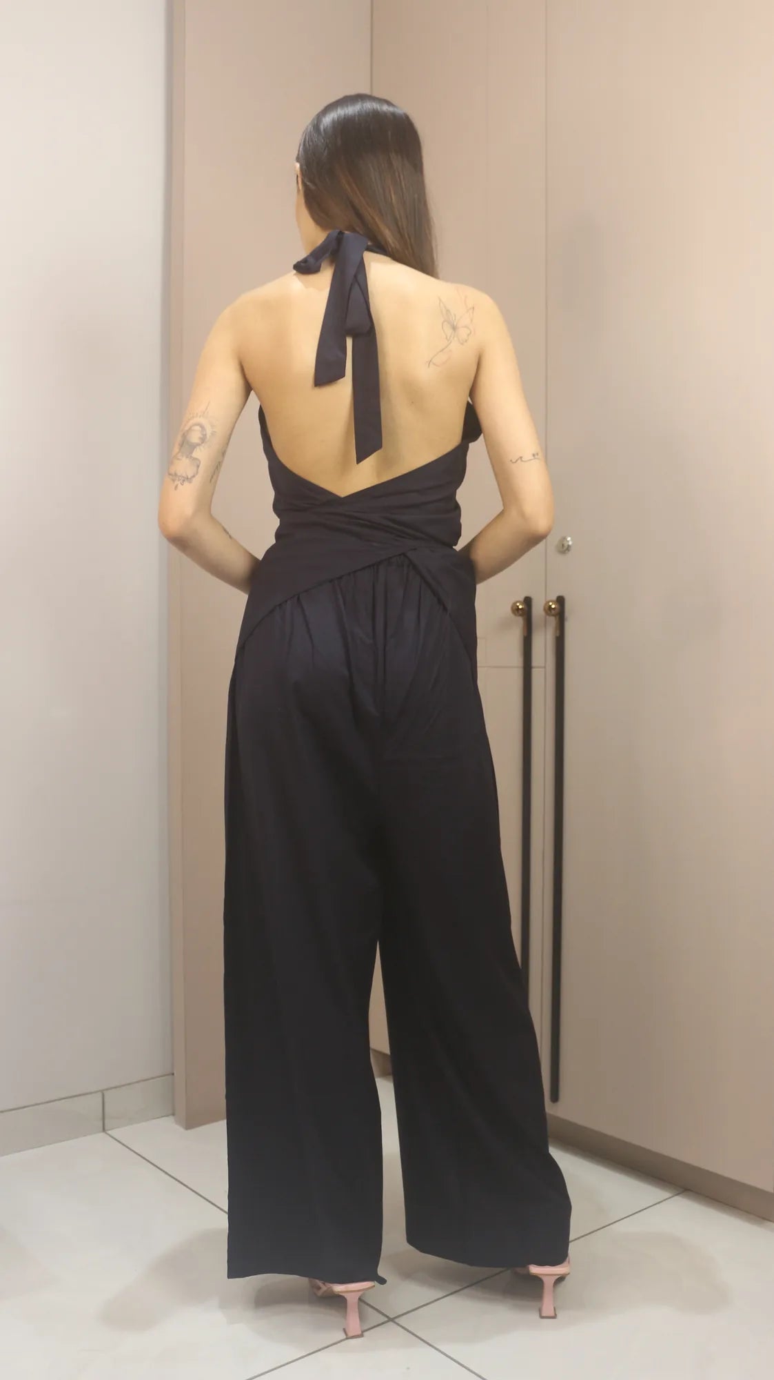 Selene Noir Black Halter Wide-Leg Jumpsuit with Open Back – Elegant Draped Evening Outfit