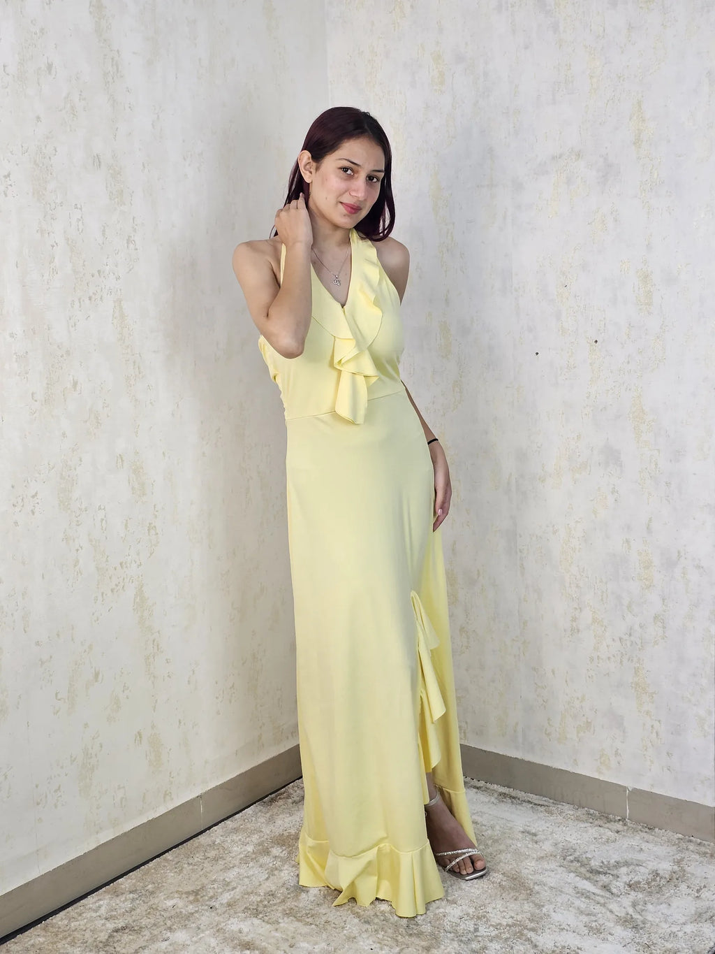 Azrah Yellow Ruffle Maxi Dress with Halter Neck