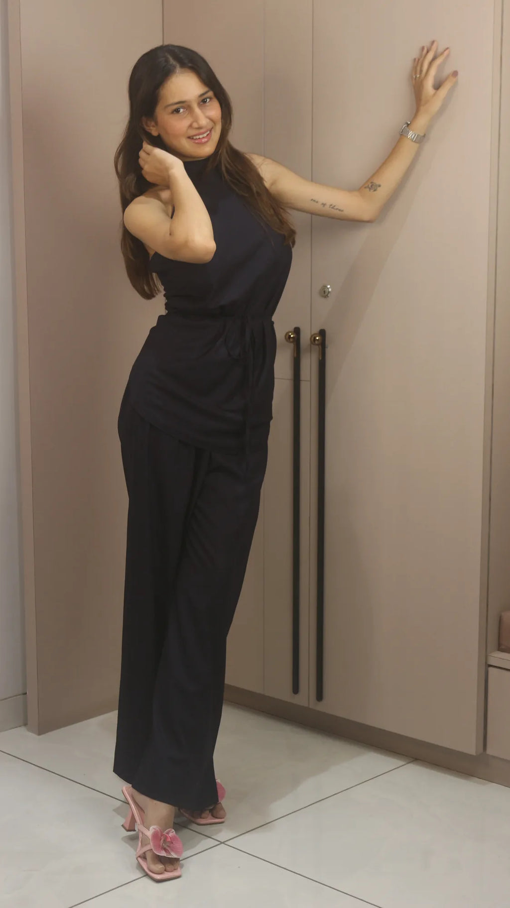 Selene Noir Black Halter Wide-Leg Jumpsuit with Open Back – Elegant Draped Evening Outfit
