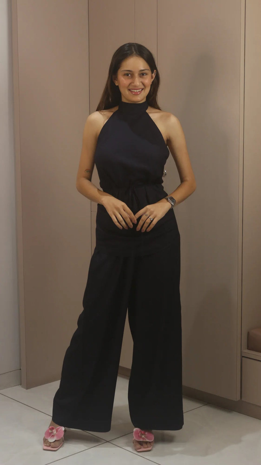 Selene Noir Black Halter Wide-Leg Jumpsuit with Open Back – Elegant Draped Evening Outfit