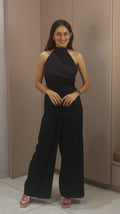 Selene Noir Black Halter Wide-Leg Jumpsuit with Open Back – Elegant Draped Evening Outfit