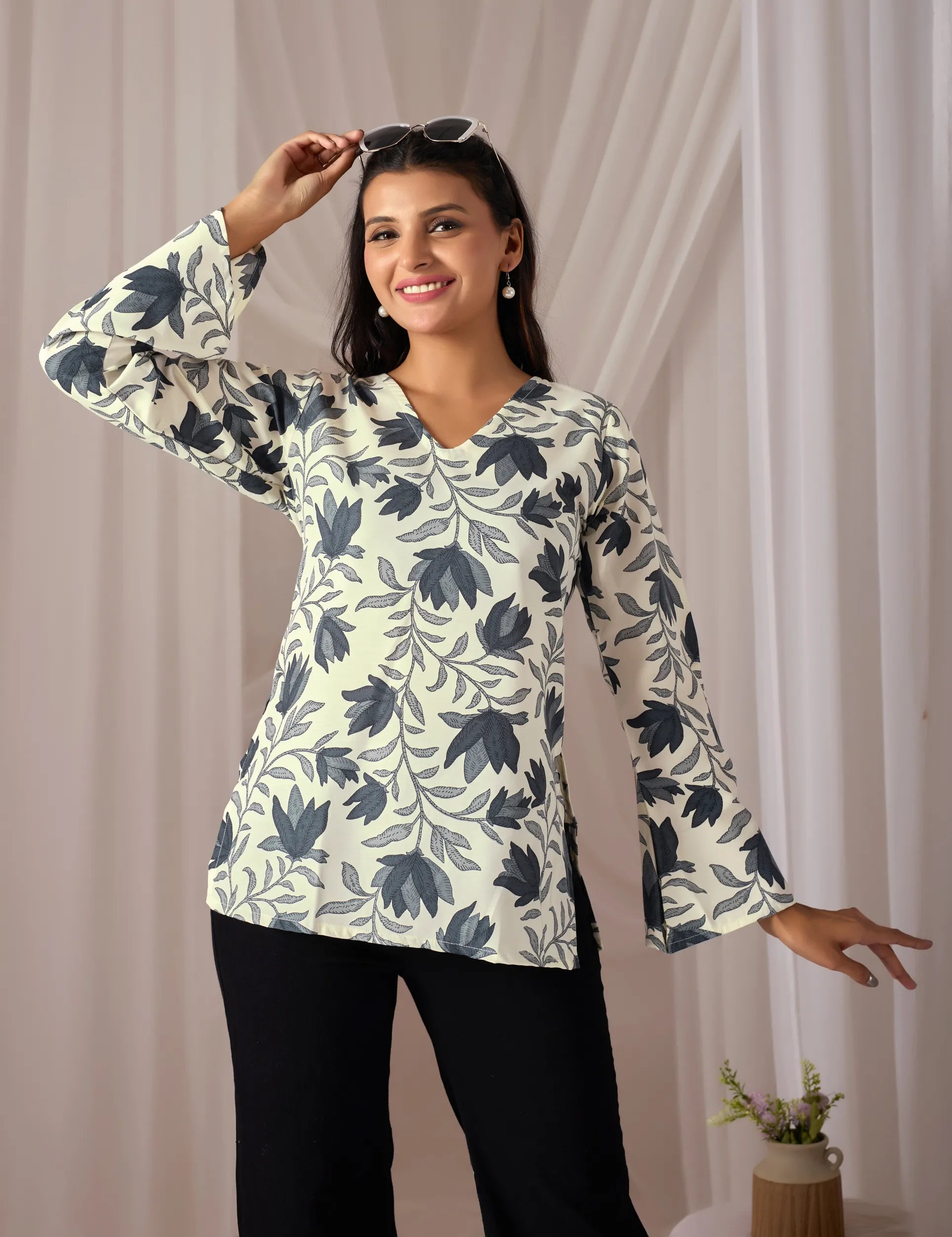 Zareen Cream Cotton Bell Sleeve Kurti for Women | Floral Print, V-Neck, Fusion Wear Top