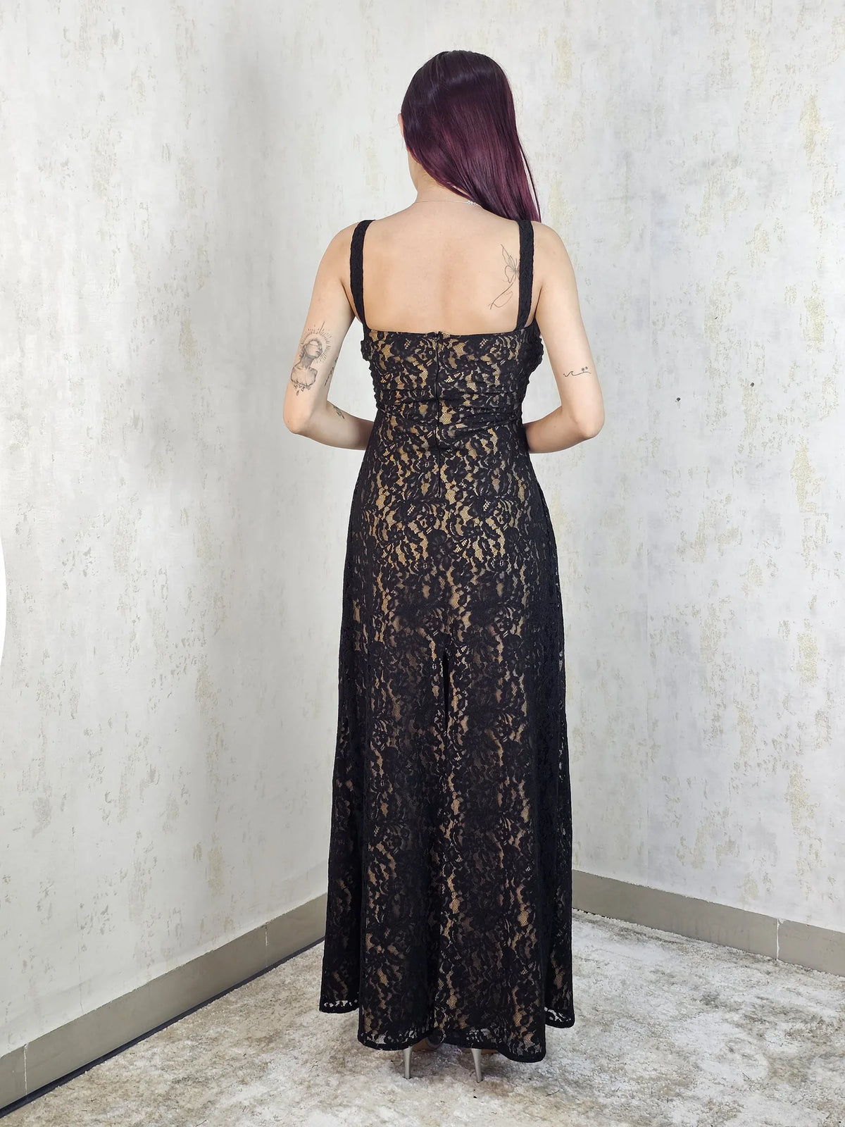 Abella Black Lace Trimmed Neckline Maxi Dress