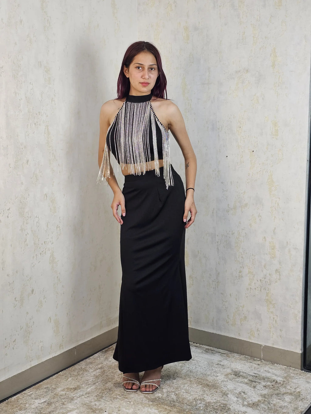 Nyx Élan Black Embellished Two-Piece Maxi Set