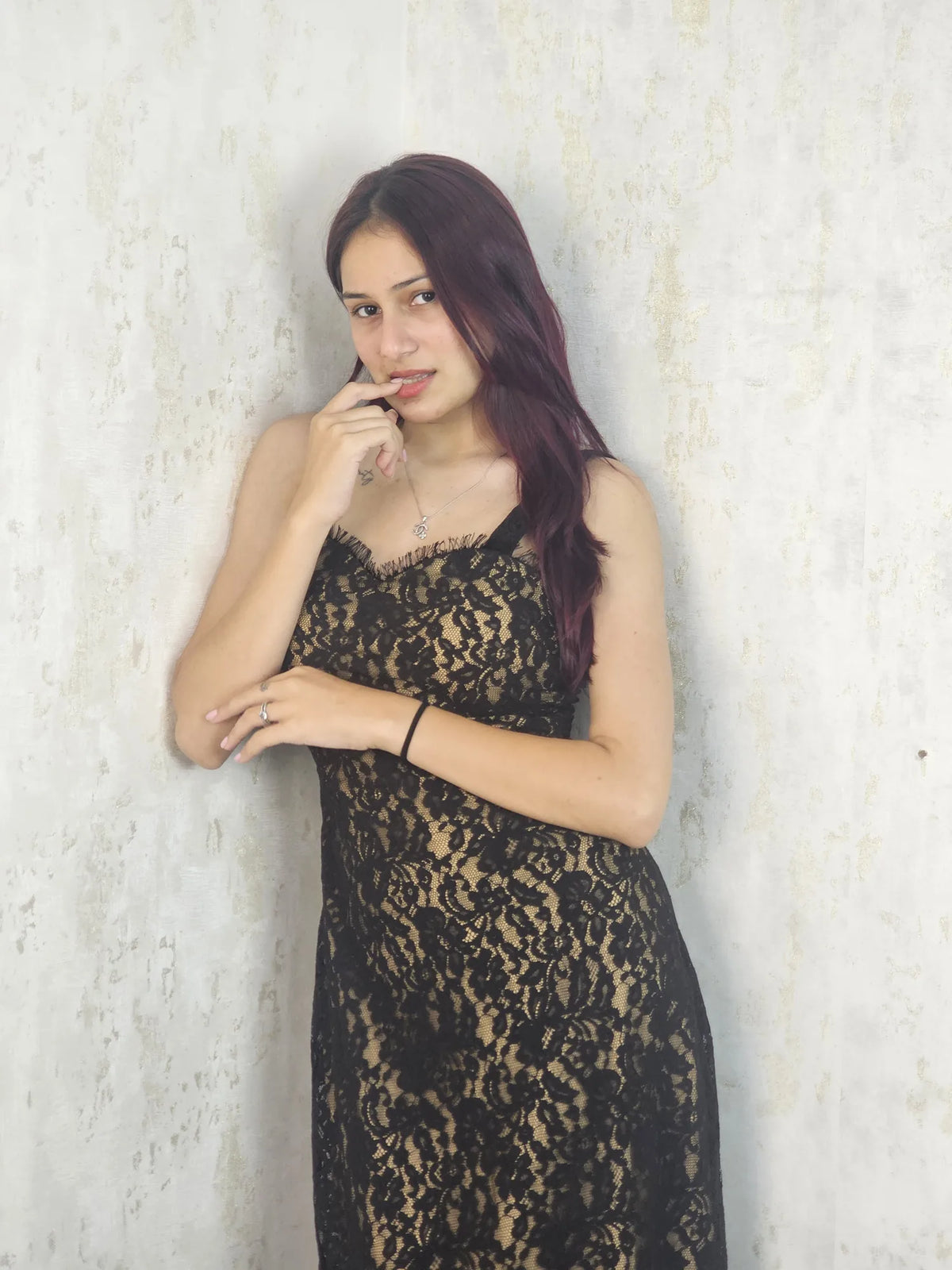 Abella Black Lace Trimmed Neckline Maxi Dress